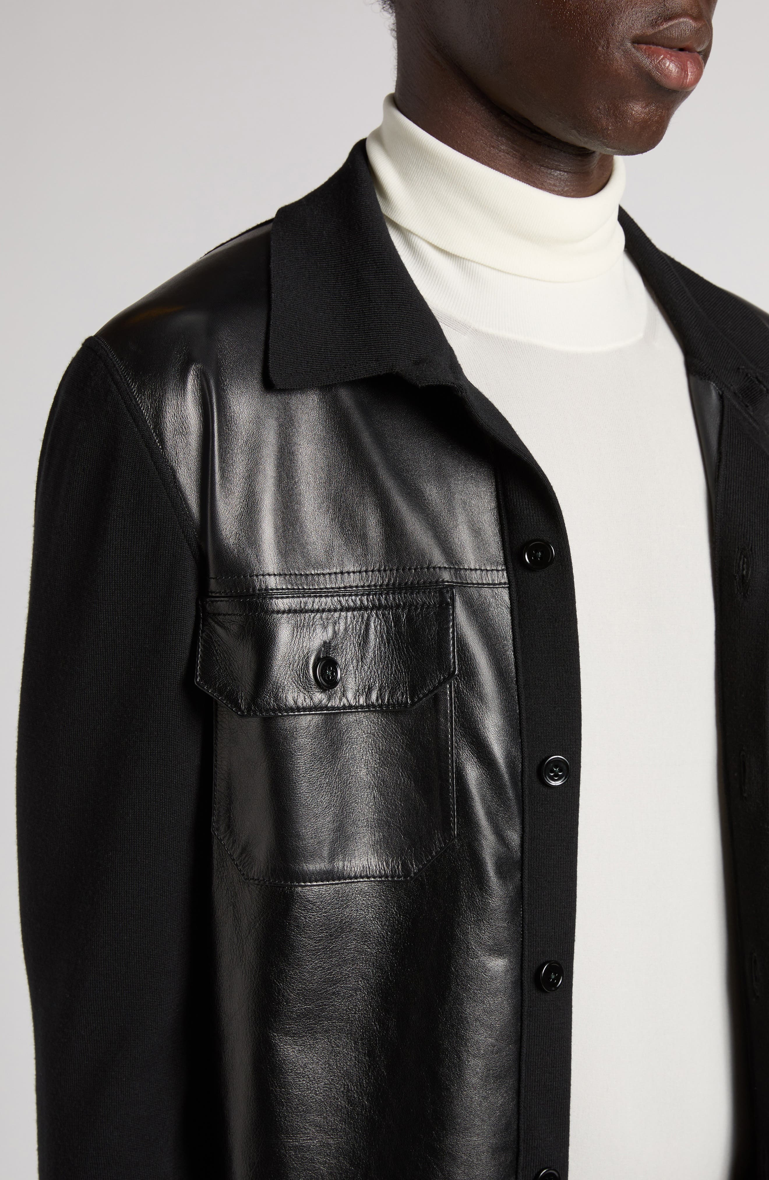 TOM FORD Mixed Media Leather & Wool Shirt Jacket in Lb999 Black at Nordstrom - 5