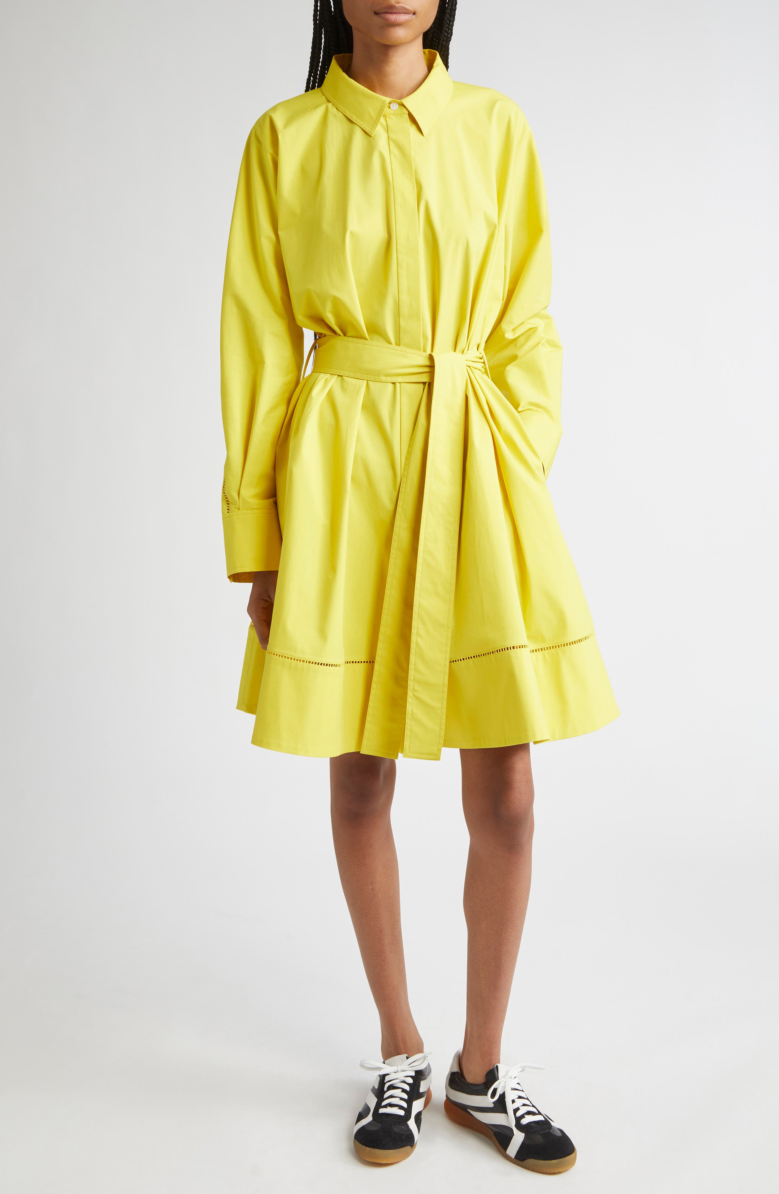 Proenza Schouler Sammy Long Sleeve Belted Stretch Cotton Poplin Shirtdress in Yellow at Nordstrom - 1