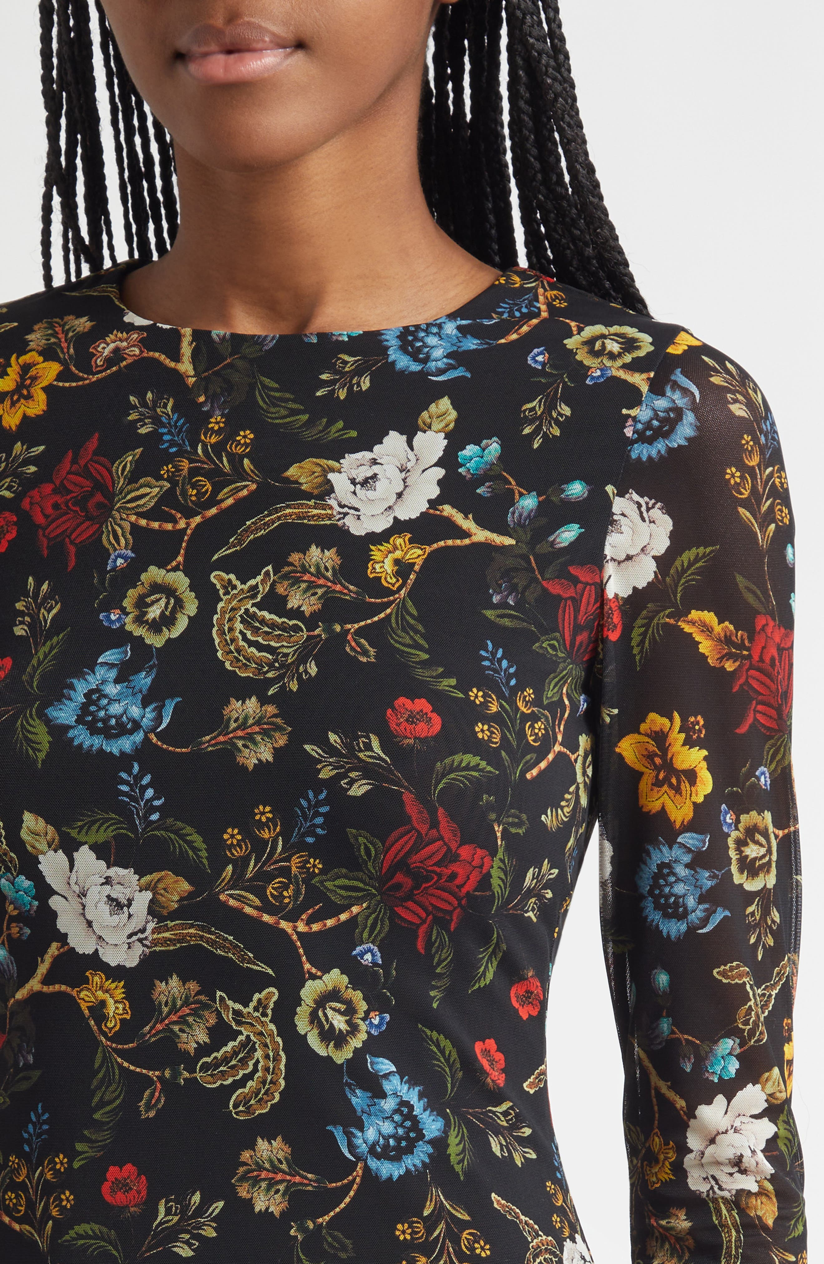 Alice + Olivia Delora Floral Long Sleeve Mesh Minidress in Tapestry Trails Sm Black at Nordstrom - 4