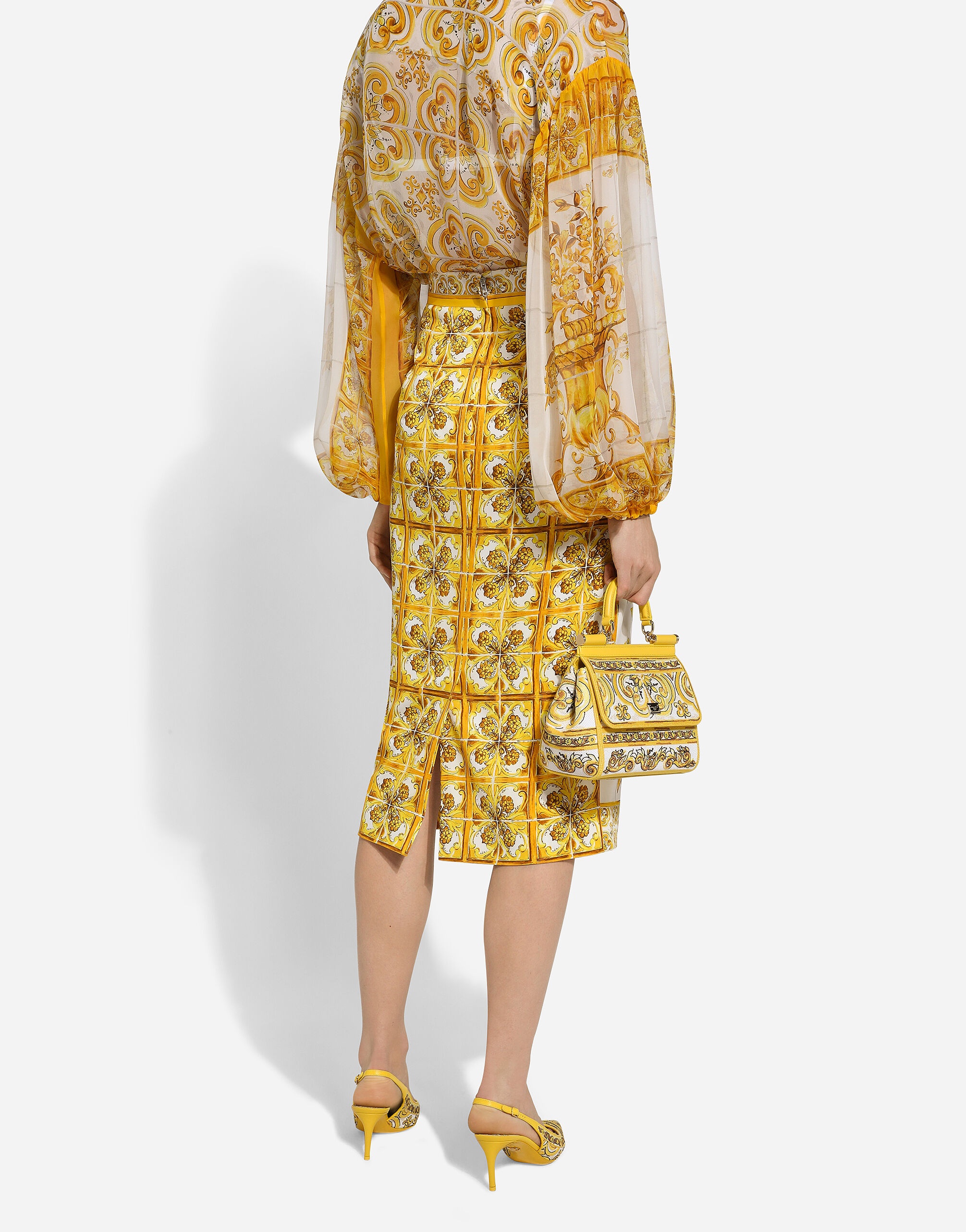 Majolica-print silk charmeuse calf-length skirt - 6