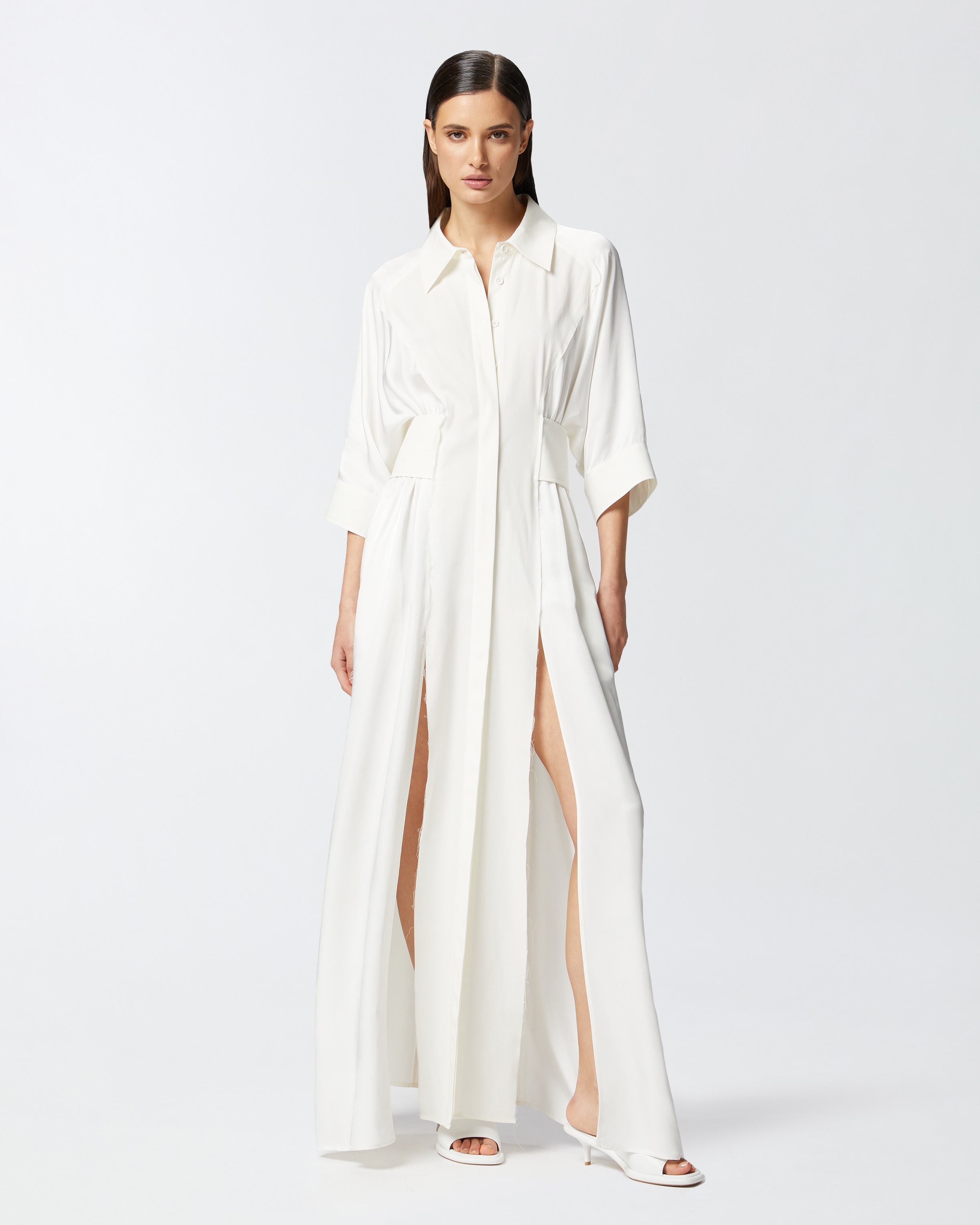 LONG HABOTAI AND COTTON SHIRT DRESS - 3