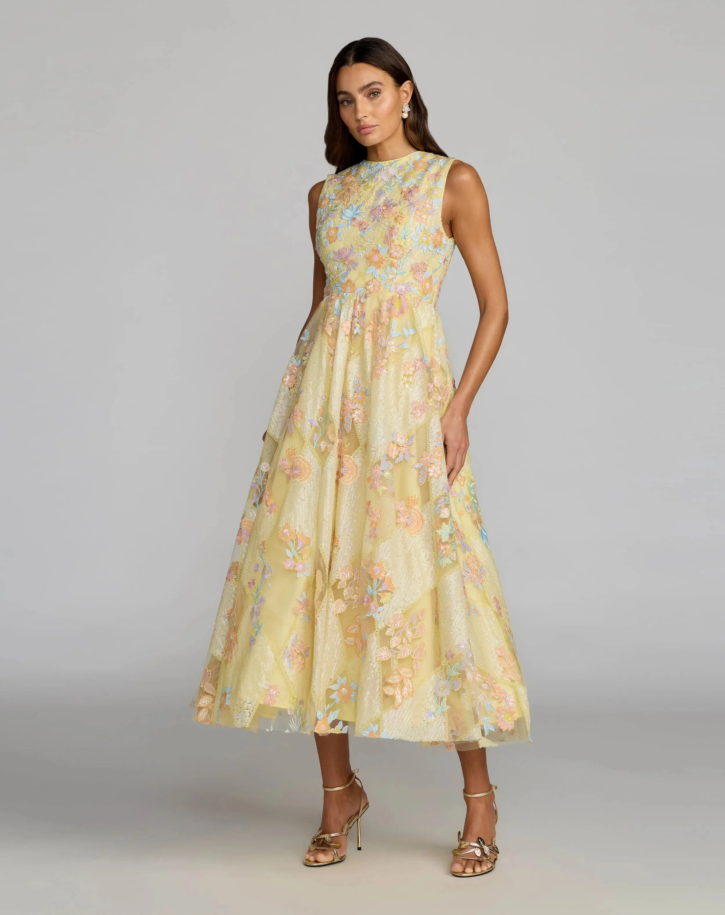Yellow Sleeveless Embroidered A-Line Midi Dress - 1