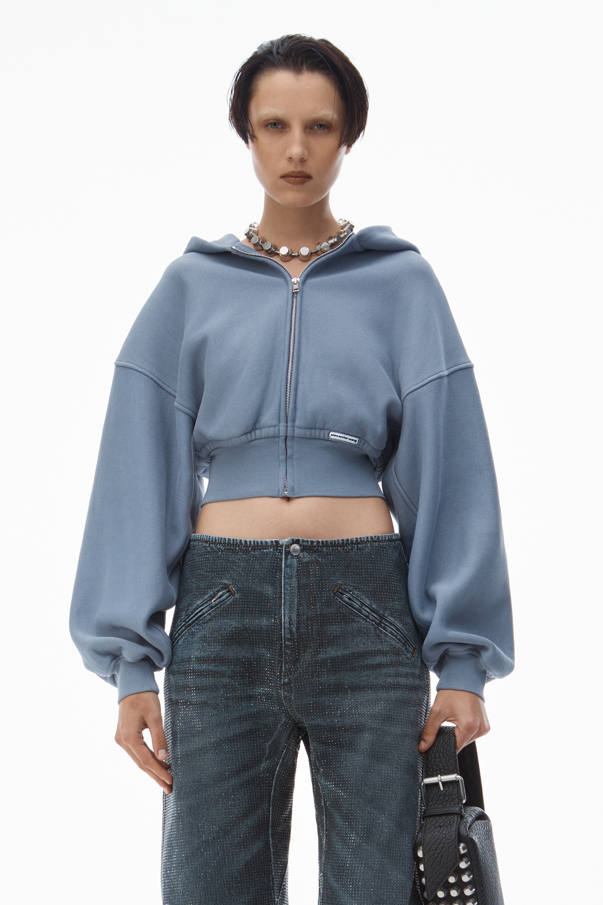 cropped zip up hoodie in classic cotton terry - 2