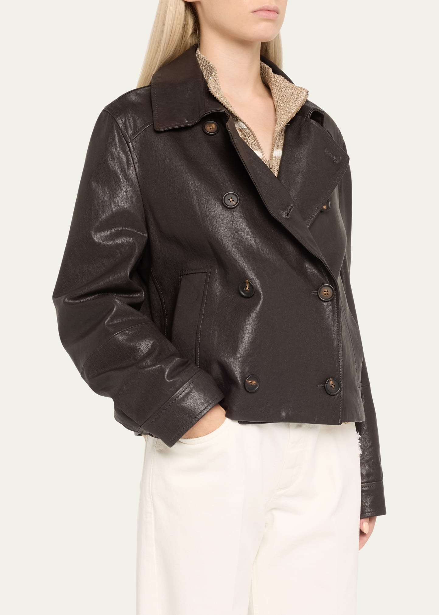 Shiny Leather Double-Breasted Jacket - 4