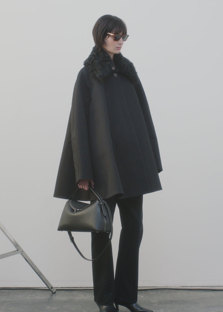 Shearling collar gabardine jacket black - 7
