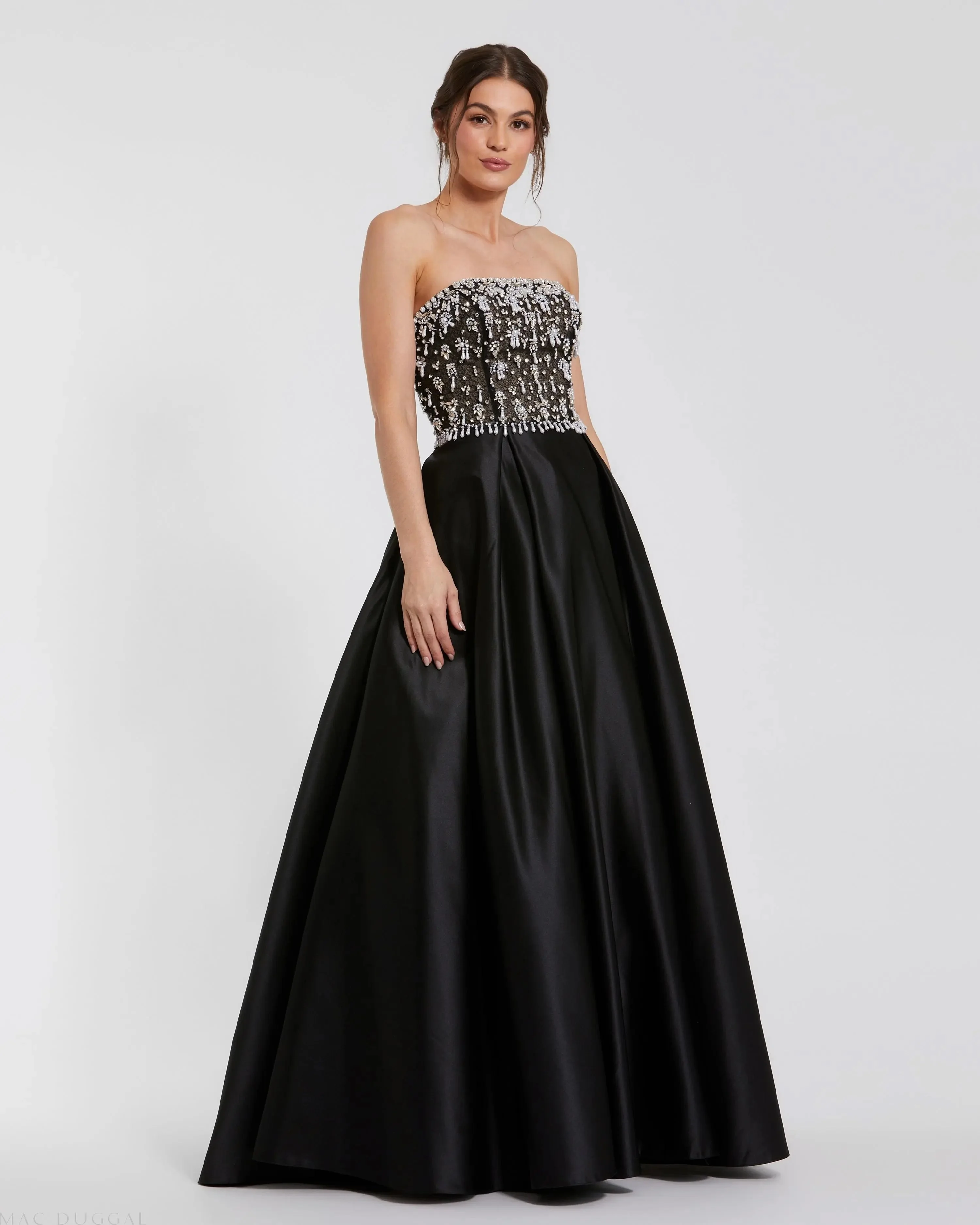 Black Strapless Embellished Top Satin Ball Gown - 1