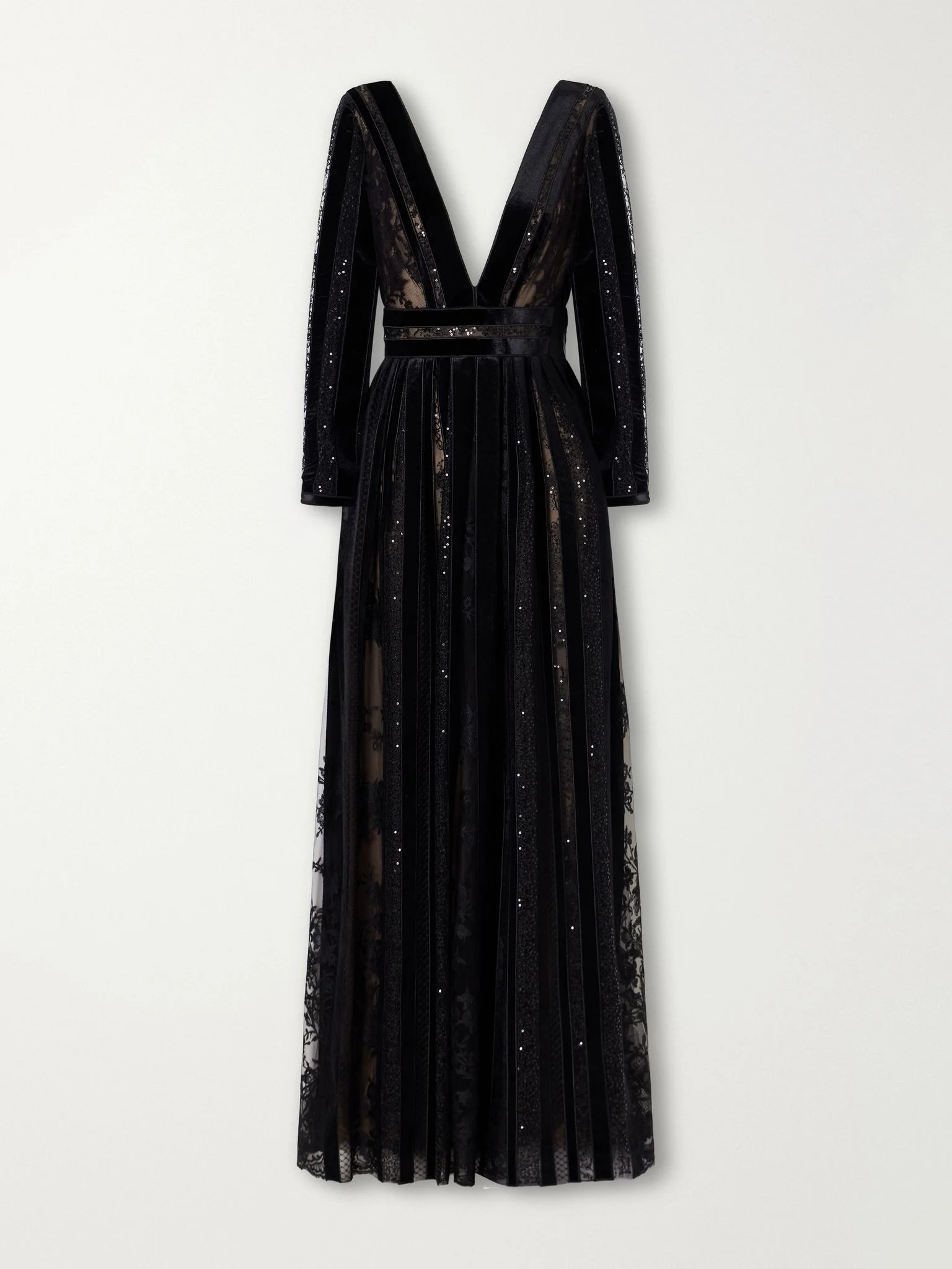 Malena sequin-embellished velvet-trimmed lace gown Black - 1