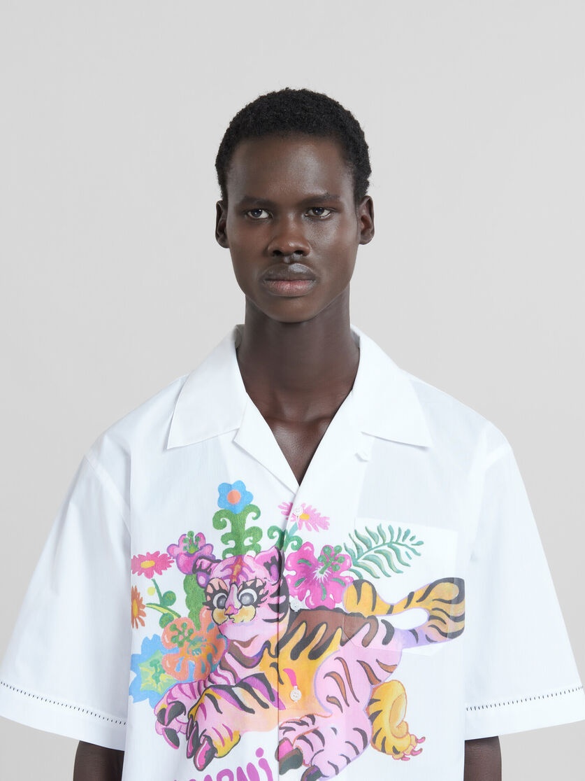 WHITE ORGANIC POPLIN BOWLING SHIRT WITH PRINT - 4