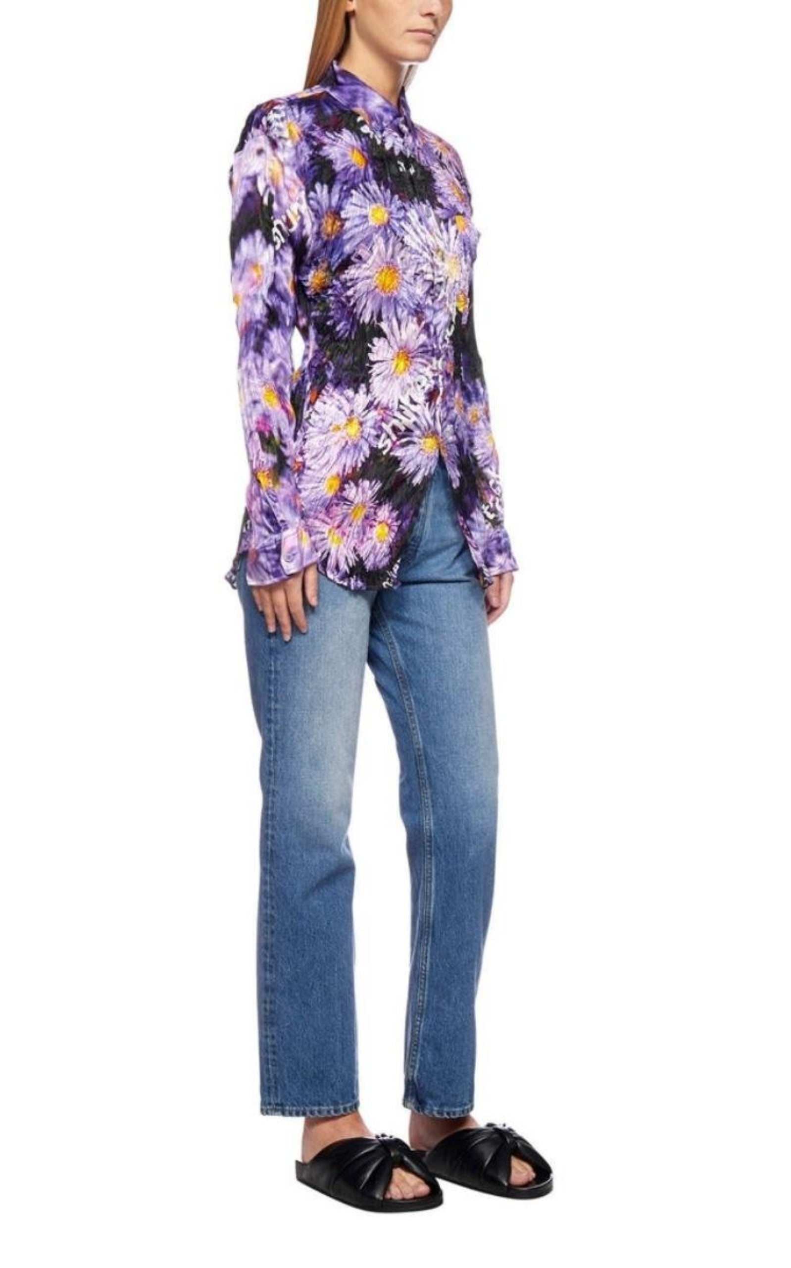 Floral Printed Crinkled Effect Silk Shirt - 3