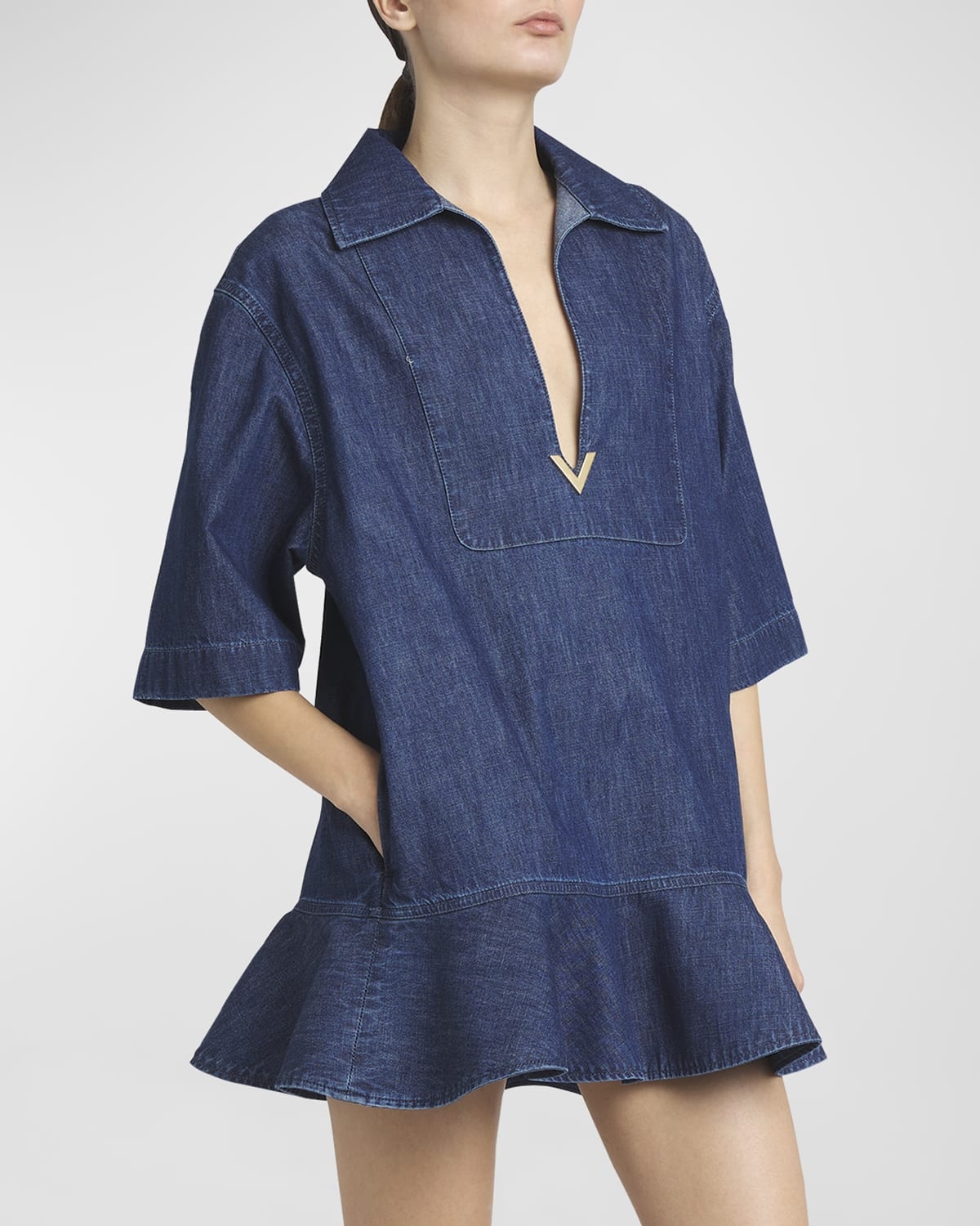 Denim Flared Hem Mini Dress with Logo Detail - 3