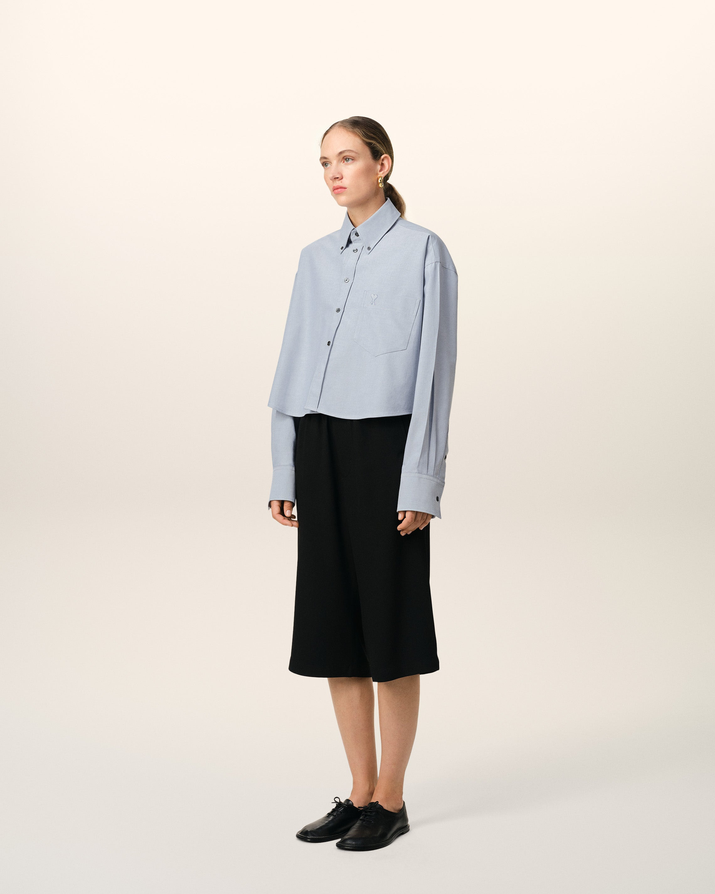 BLUE COTTON BUTTON-DOWN CROPPED OVERSIZED SHIRT - 7