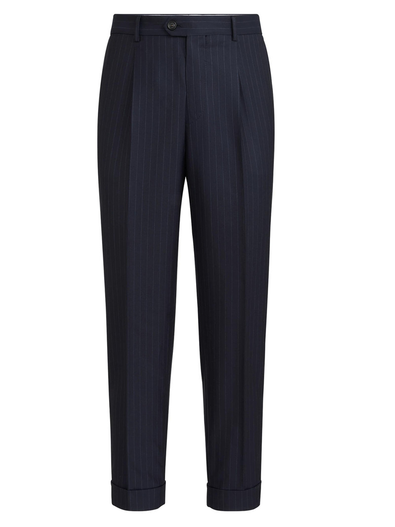 Men's Virgin Wool Chalk Stripe Batavia Trousers with Pleats - Navy Blue 1