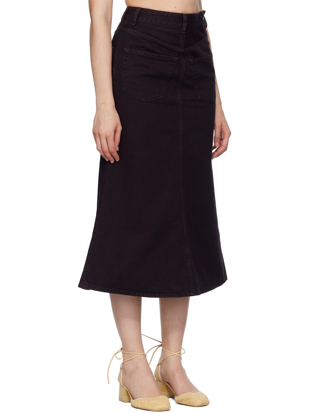 Burgundy Overdyed Reversed Denim Midi Skirt - 2