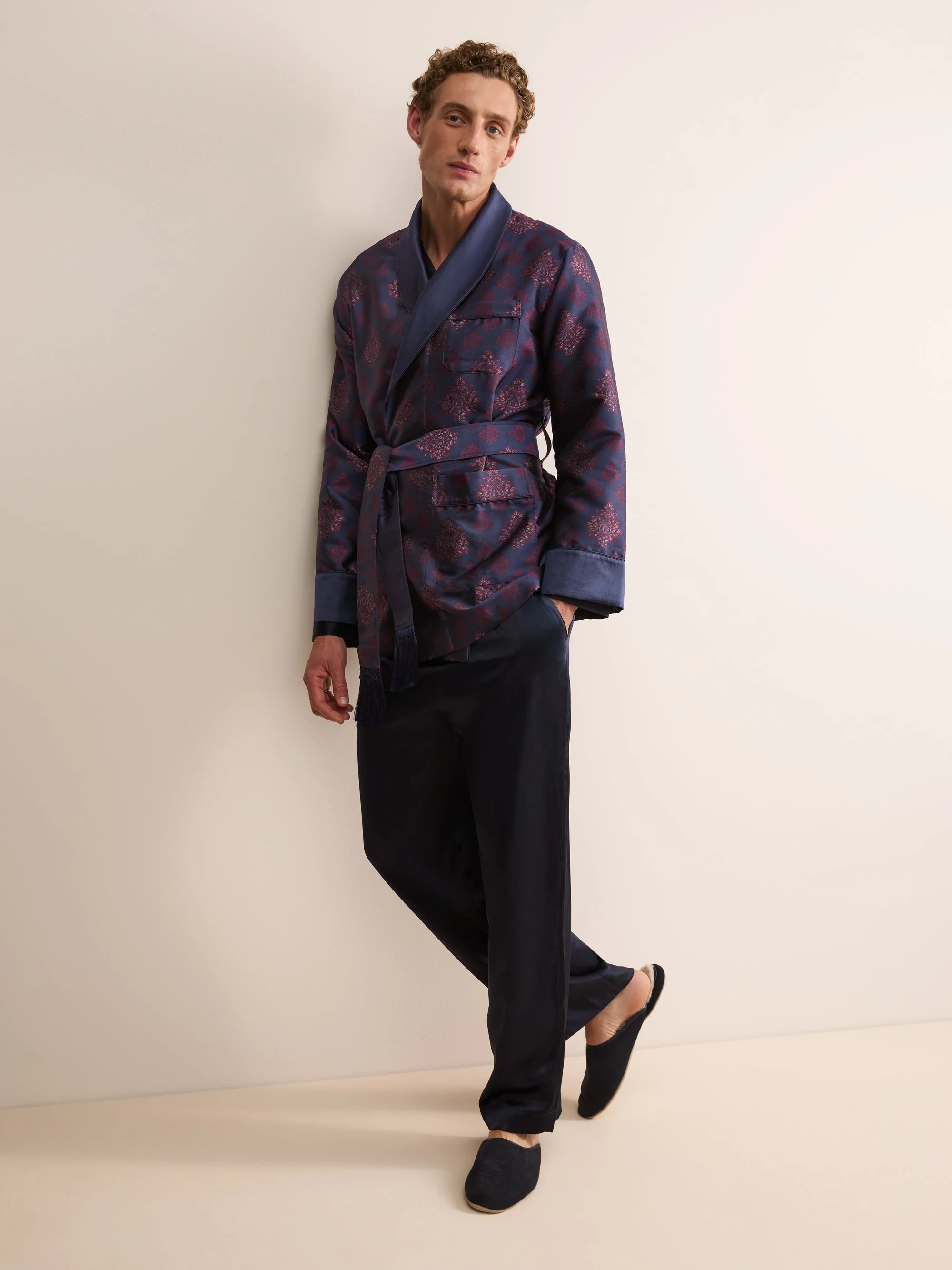 Verona Silk Jacquard Smoking Jacket Navy Blue & Wine Medallion - 1