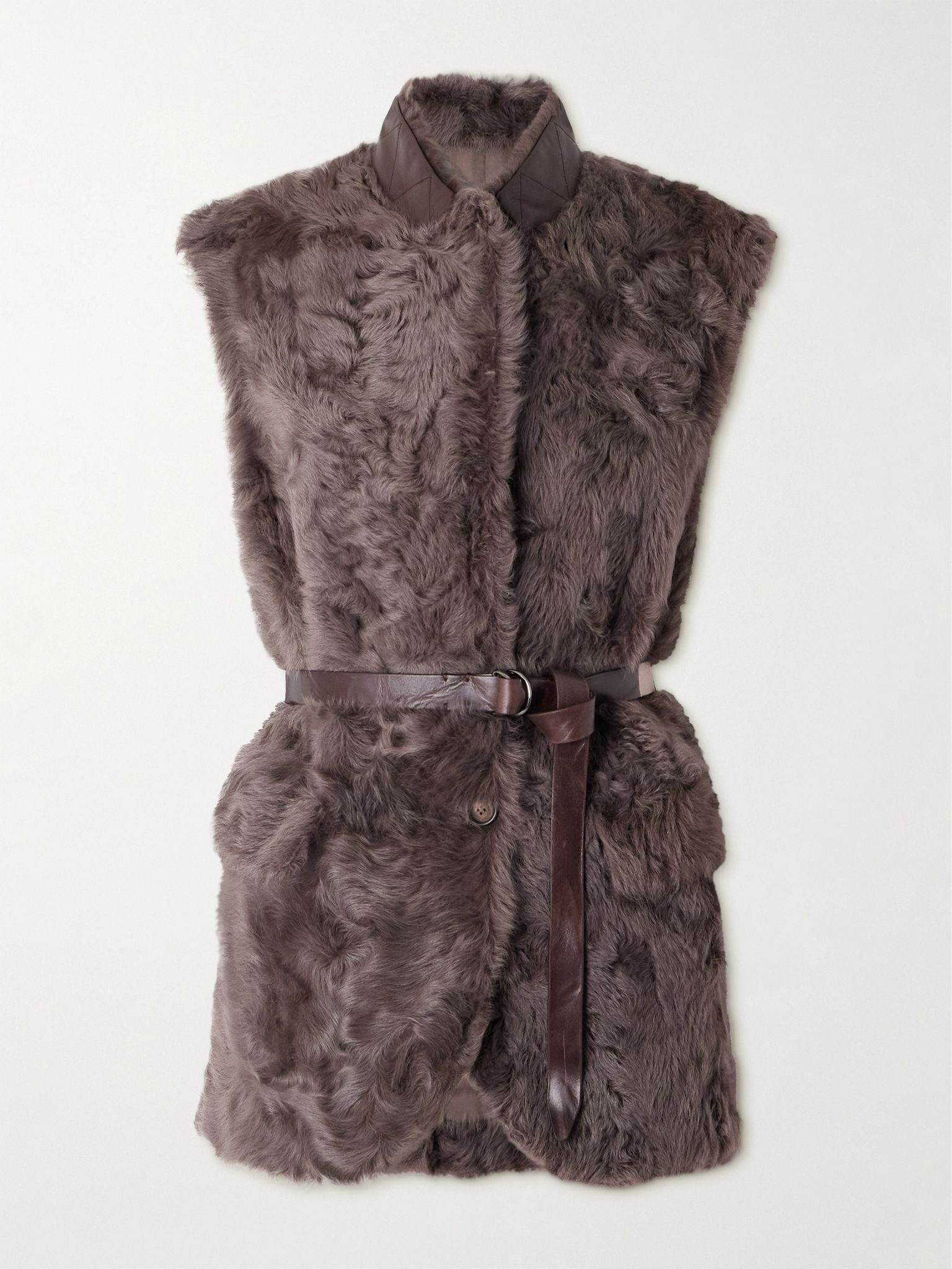 Leather-trimmed belted plush fabric gilet Dark brown - 1
