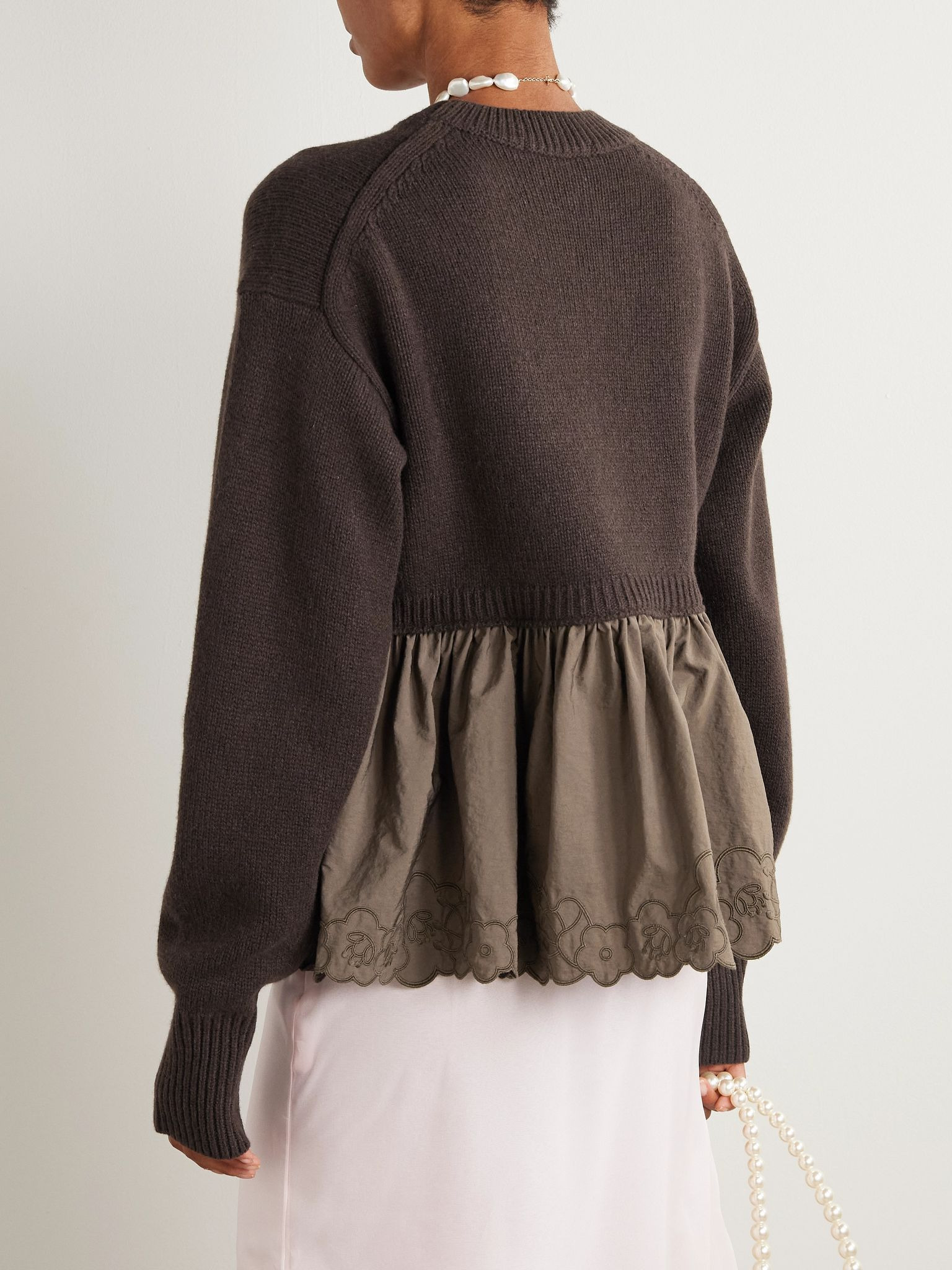 Embroidered cashmere and wool-blend and shell peplum sweater Brown - 3