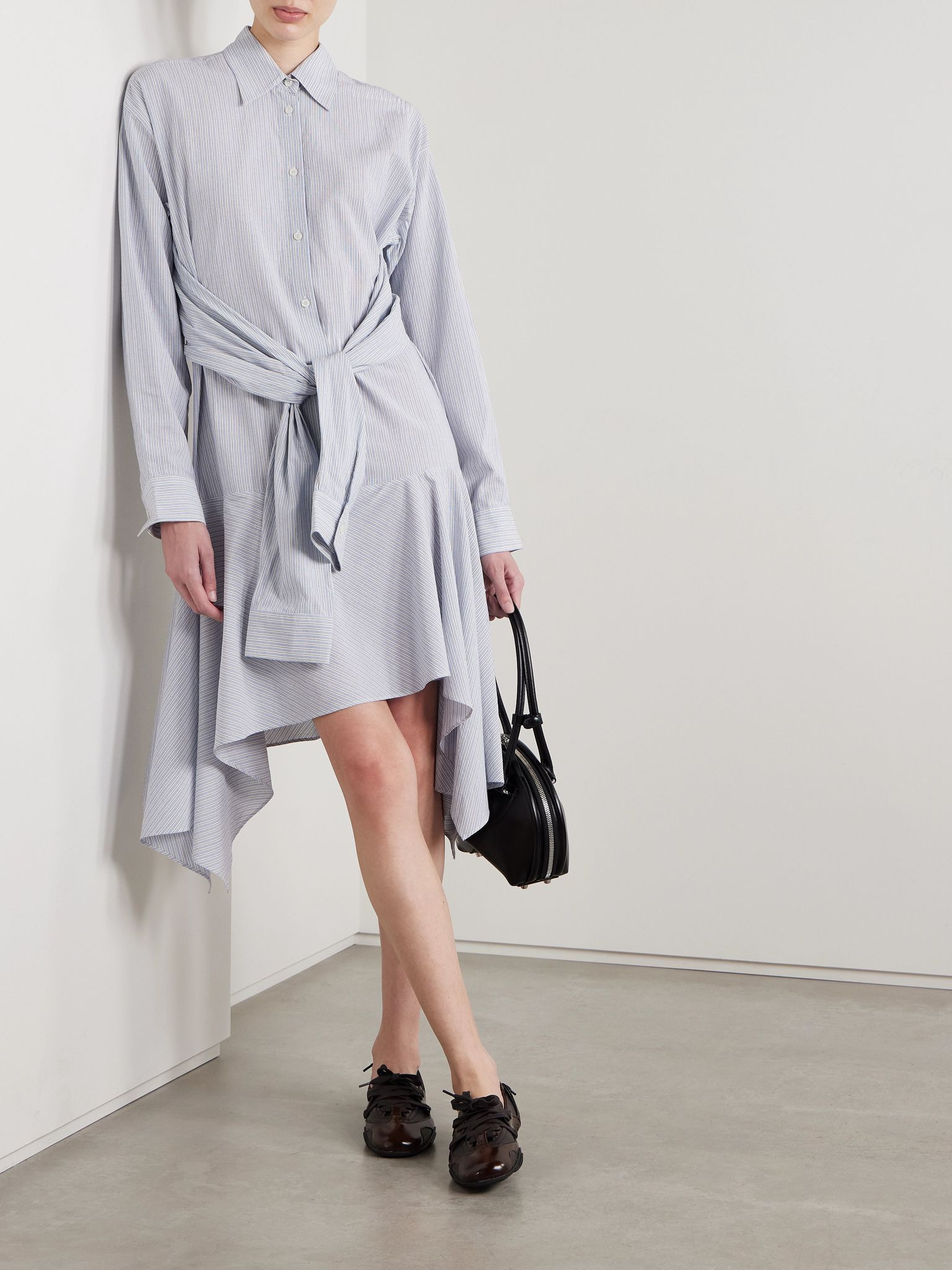 Asymmetric draped striped voile shirt dress Blue - 3