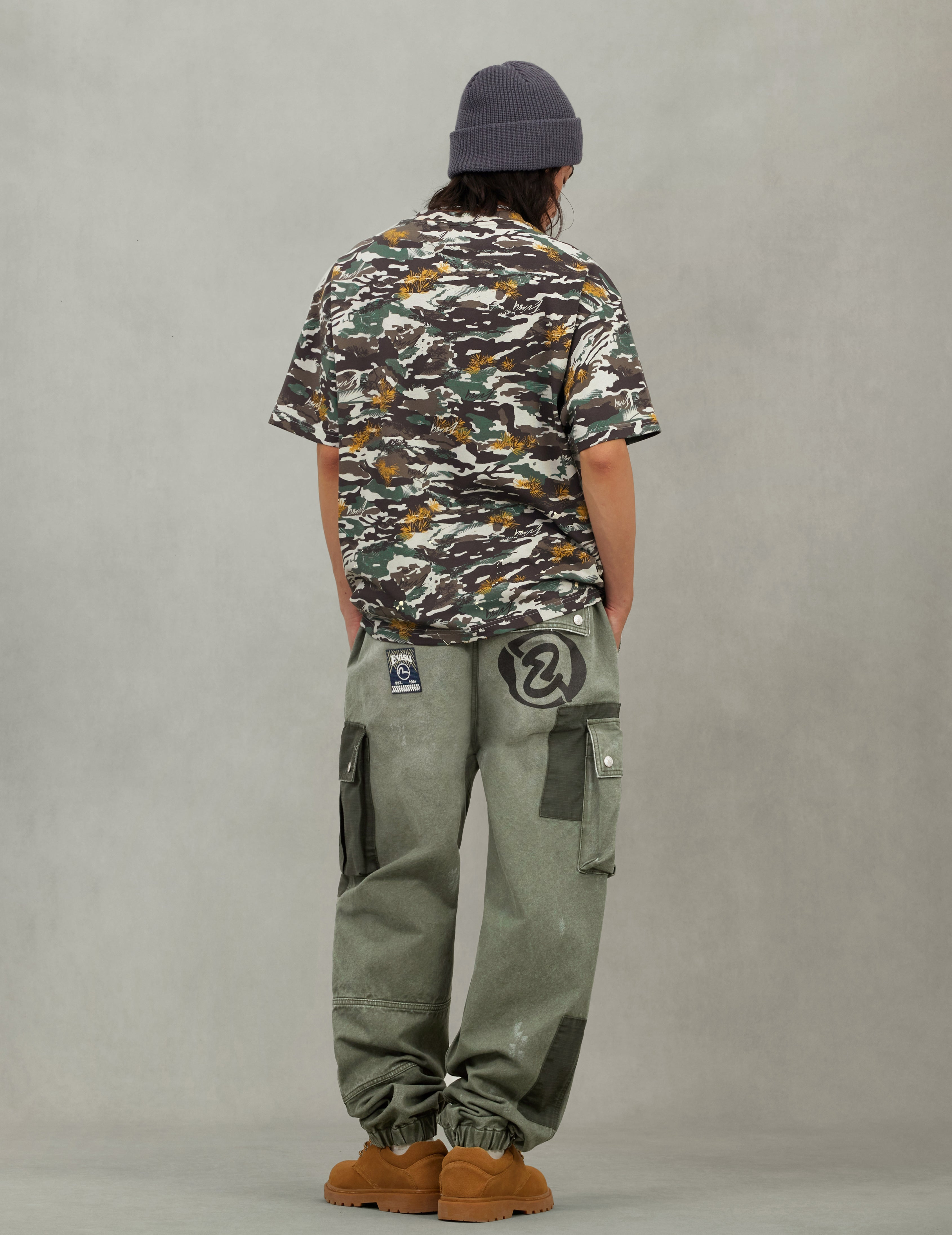 Dual Seagull Print Loose Fit Washed Woven Cargo Joggers - 6
