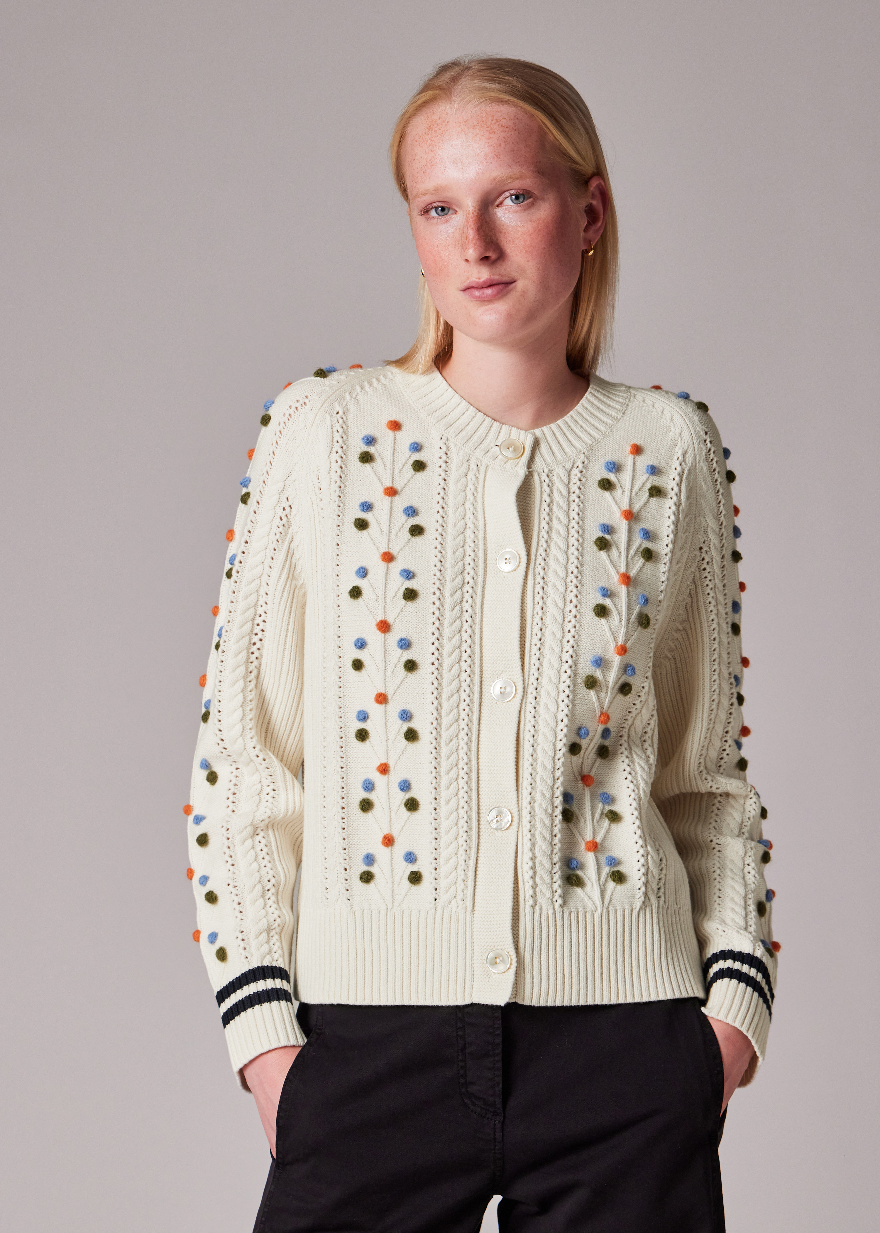 Women's Ecru Cable Knit Pom Pom Cardigan - 3