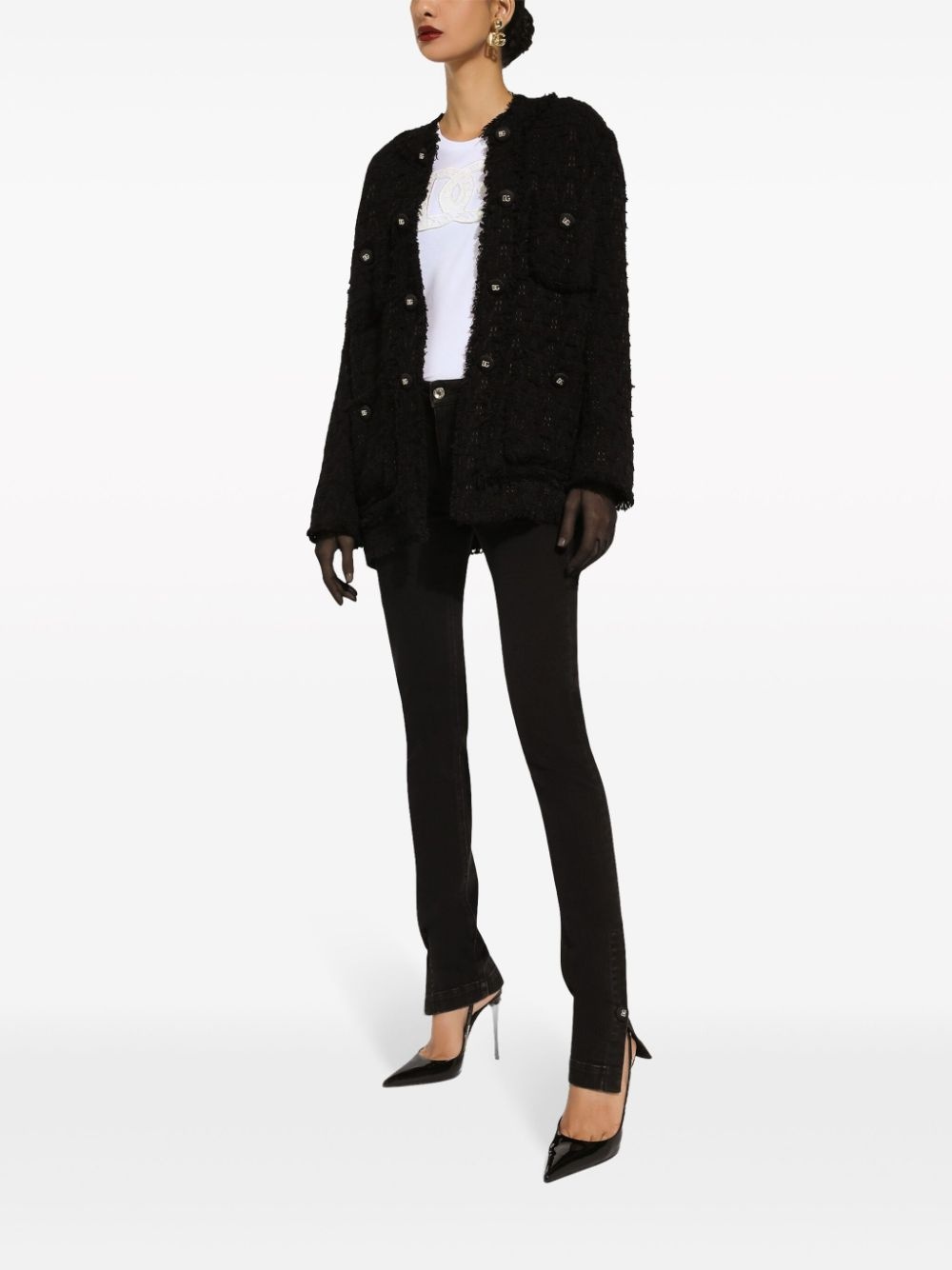 round-neck buttoned tweed jacket - 2