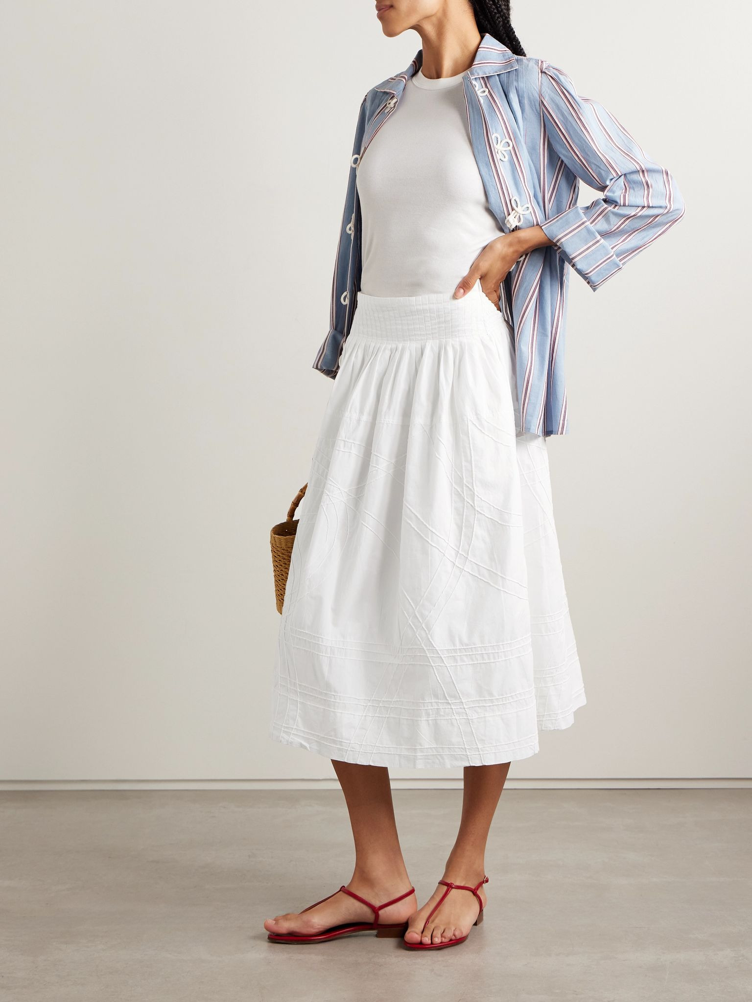 Camden pleated cotton-poplin midi skirt White - 2