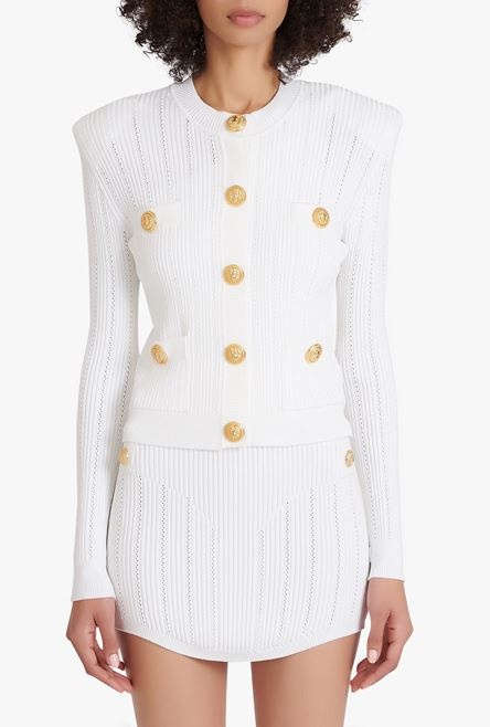 Cropped white eco-designed knit cardigan with gold-tone buttons - 5