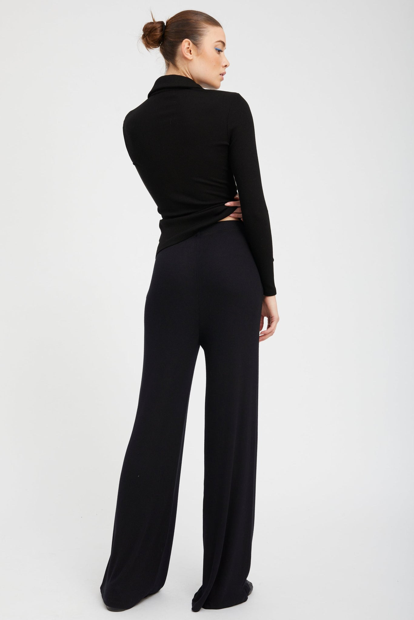 BLACK RIB WIDE LEG PANTS - 4