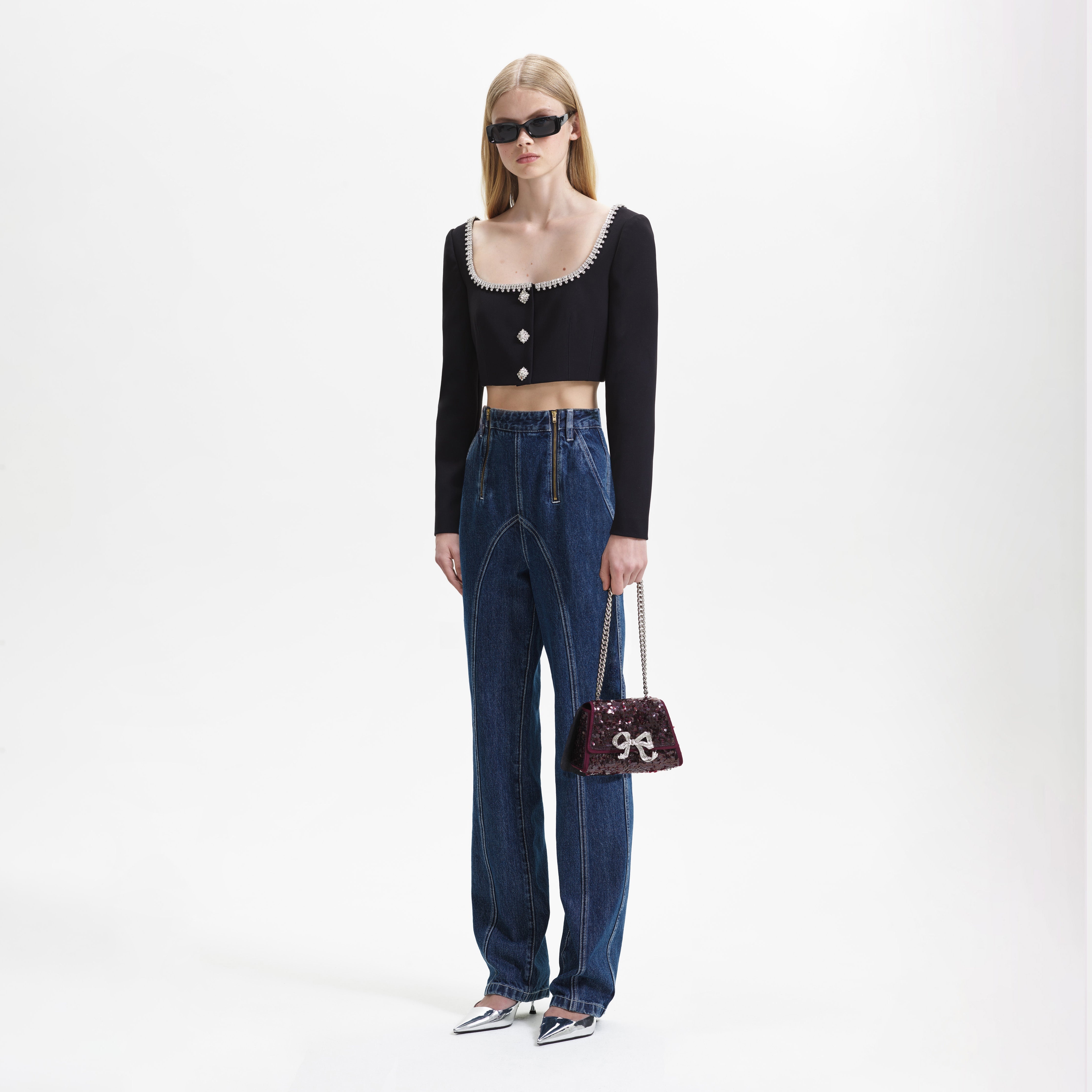 Blue Wide Leg Stitch Detail Jeans - 2