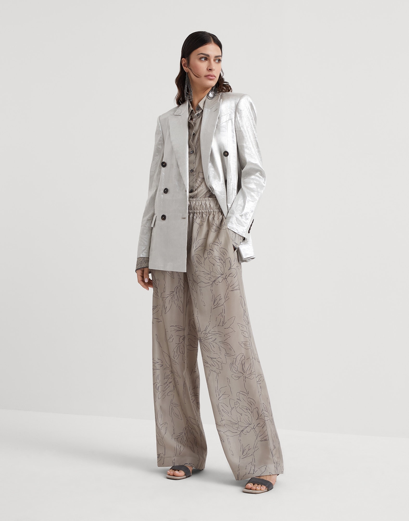 Brunello Cucinelli Silk ginkgo print pongée shirt with shiny
