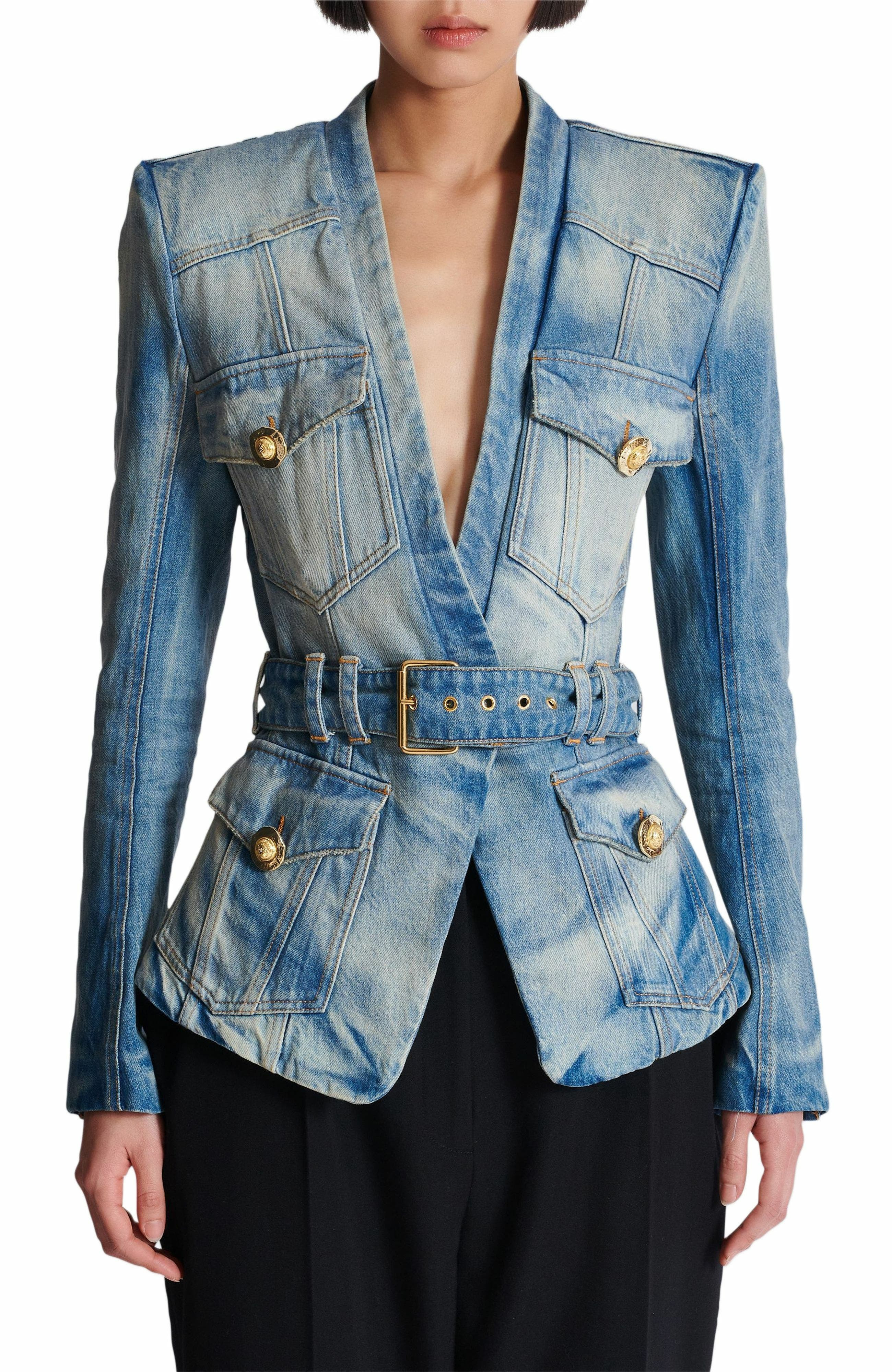 Balmain 1-button belted denim jacket in Blue at Nordstrom - 8