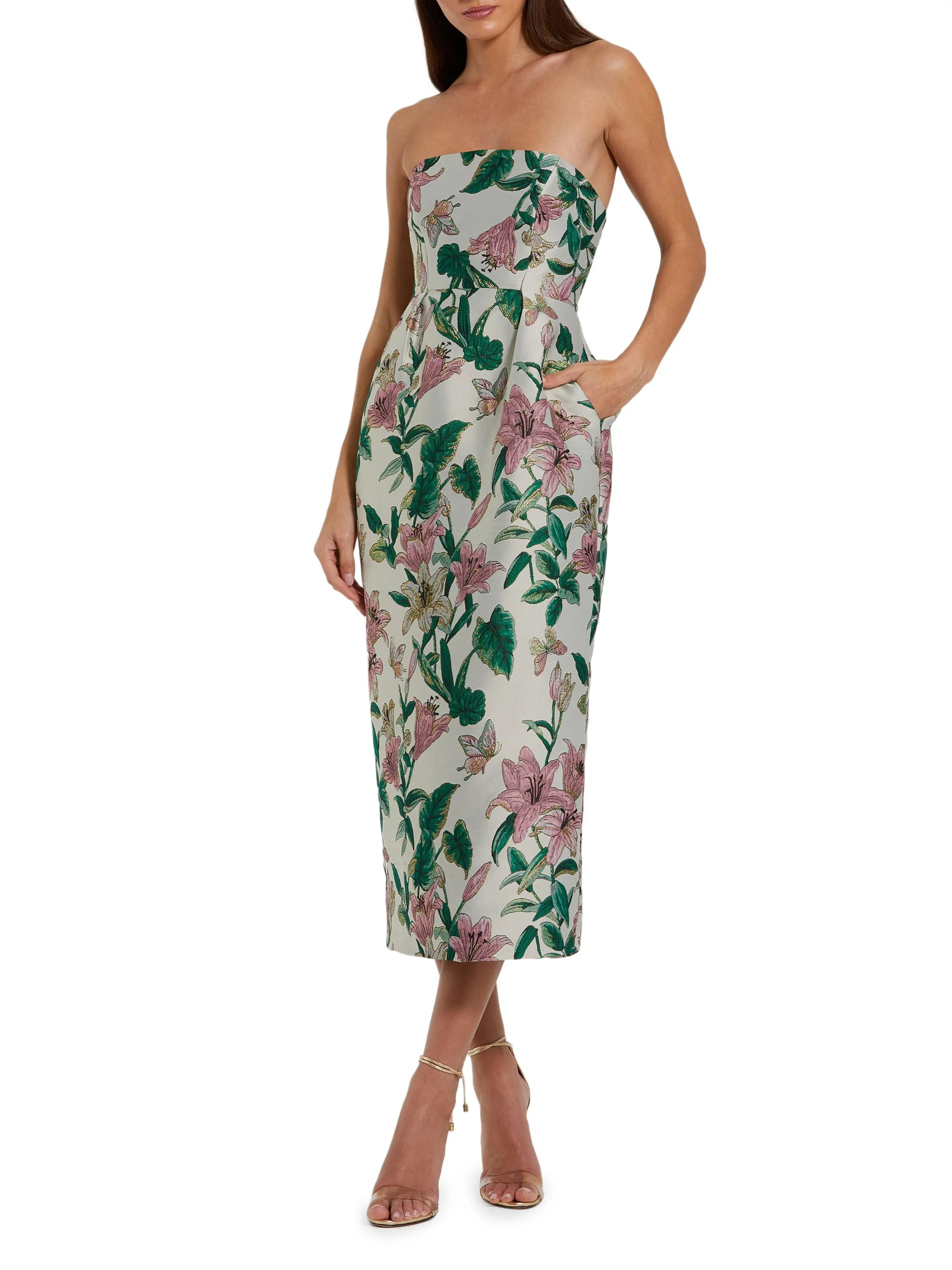 Women's Floral Brocade Strapless Midi-Dress - Lily - 1
