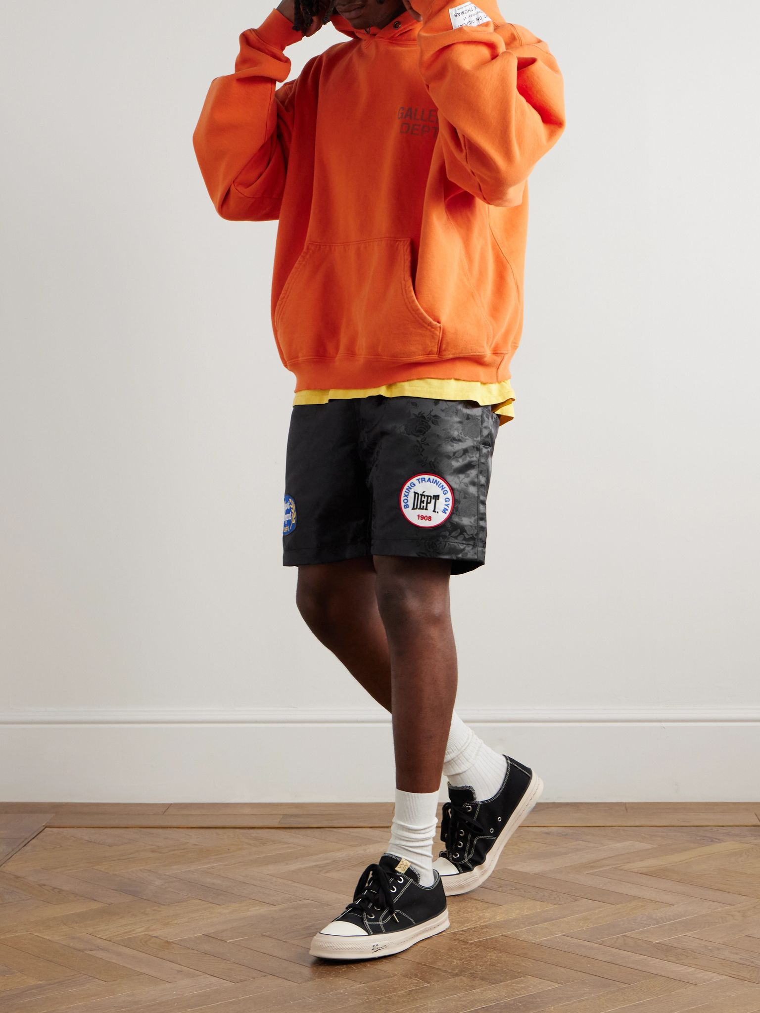 Boxing Straight-Leg Appliquéd Satin-Jacquard Shorts Black - 2
