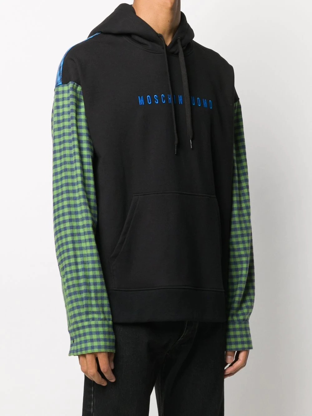 checked panels drawstring hoodie - 3