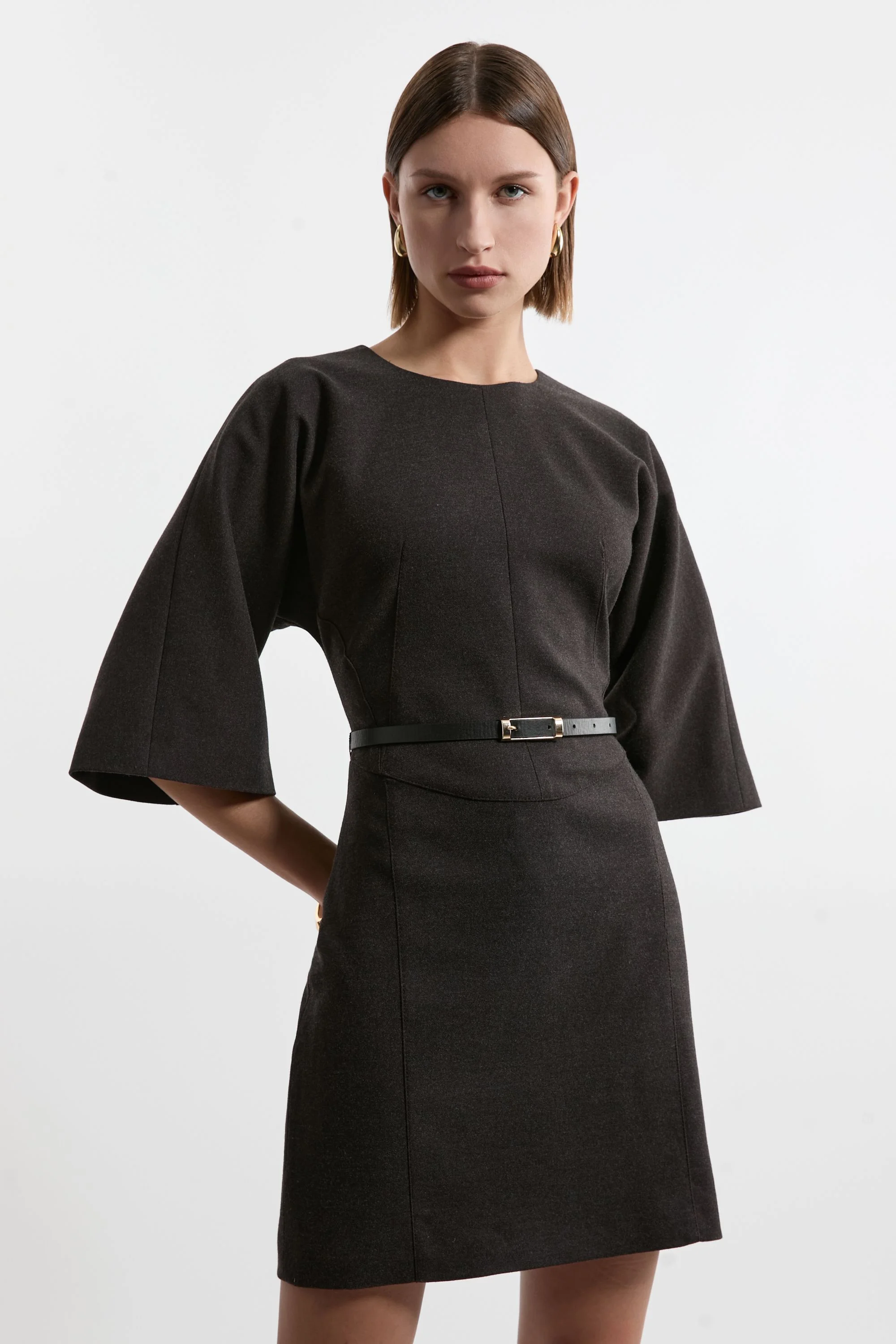 Petite Flannel Tailored Belted Dress - 1