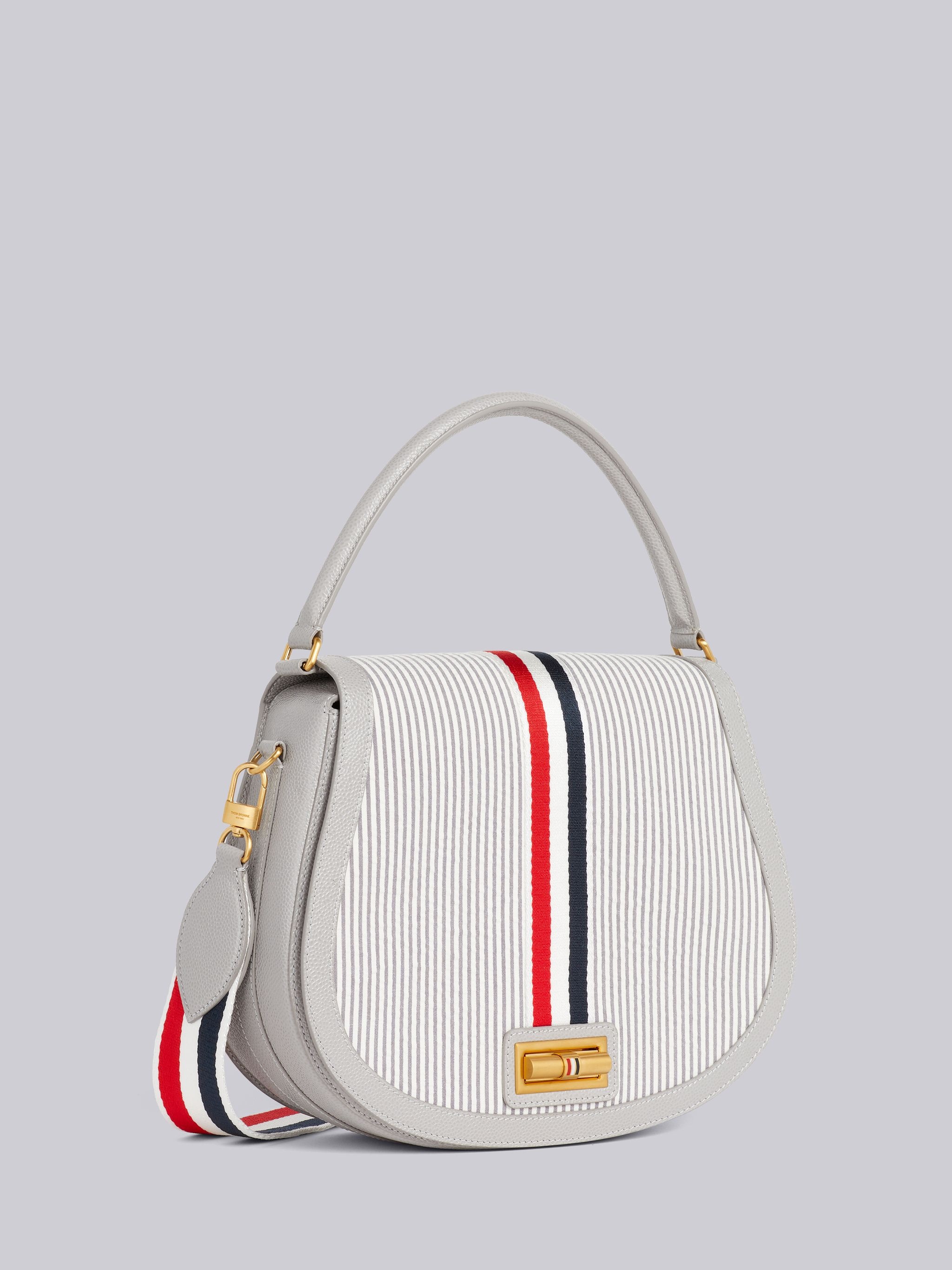Medium Grey Stripe Seersucker Webbing Strap Enamel Lock Large Saddle Shoulder Bag - 3