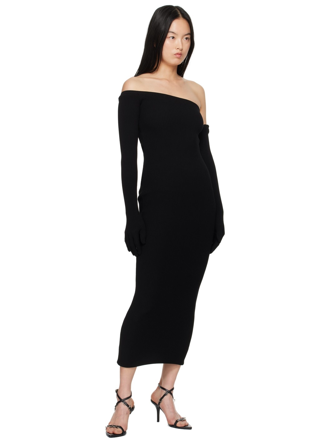 Black Asymmetric Neck Maxi Dress - 4