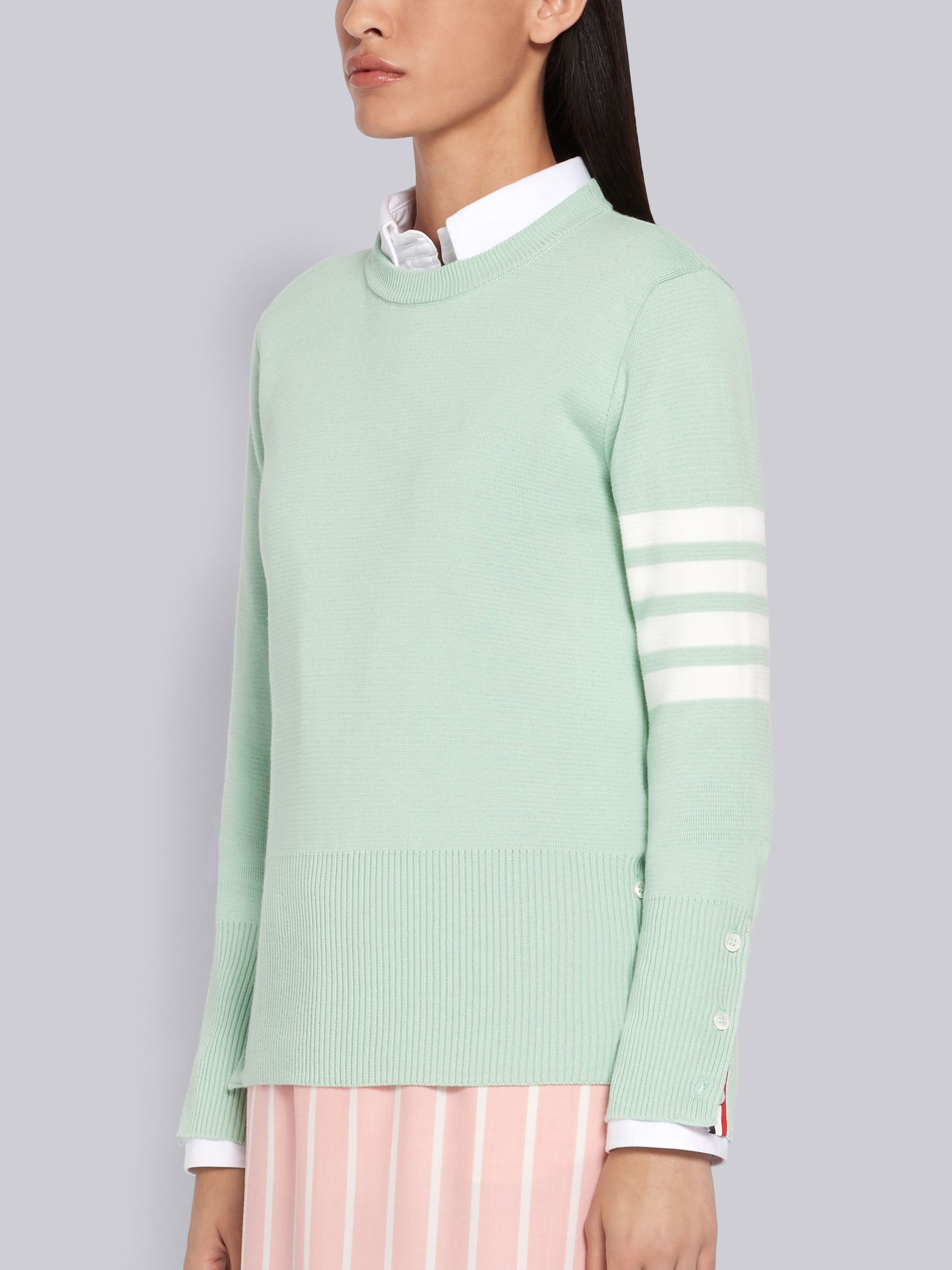 Green Cotton Crepe Milano Stitch Crewneck 4-Bar Pullover - 2