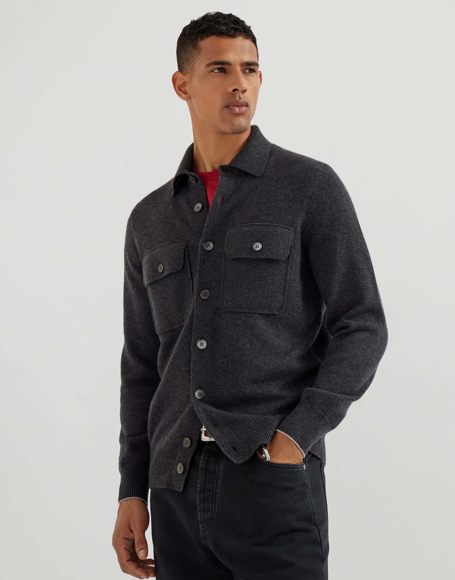 Cashmere shirt-style cardigan with chest pockets - 1