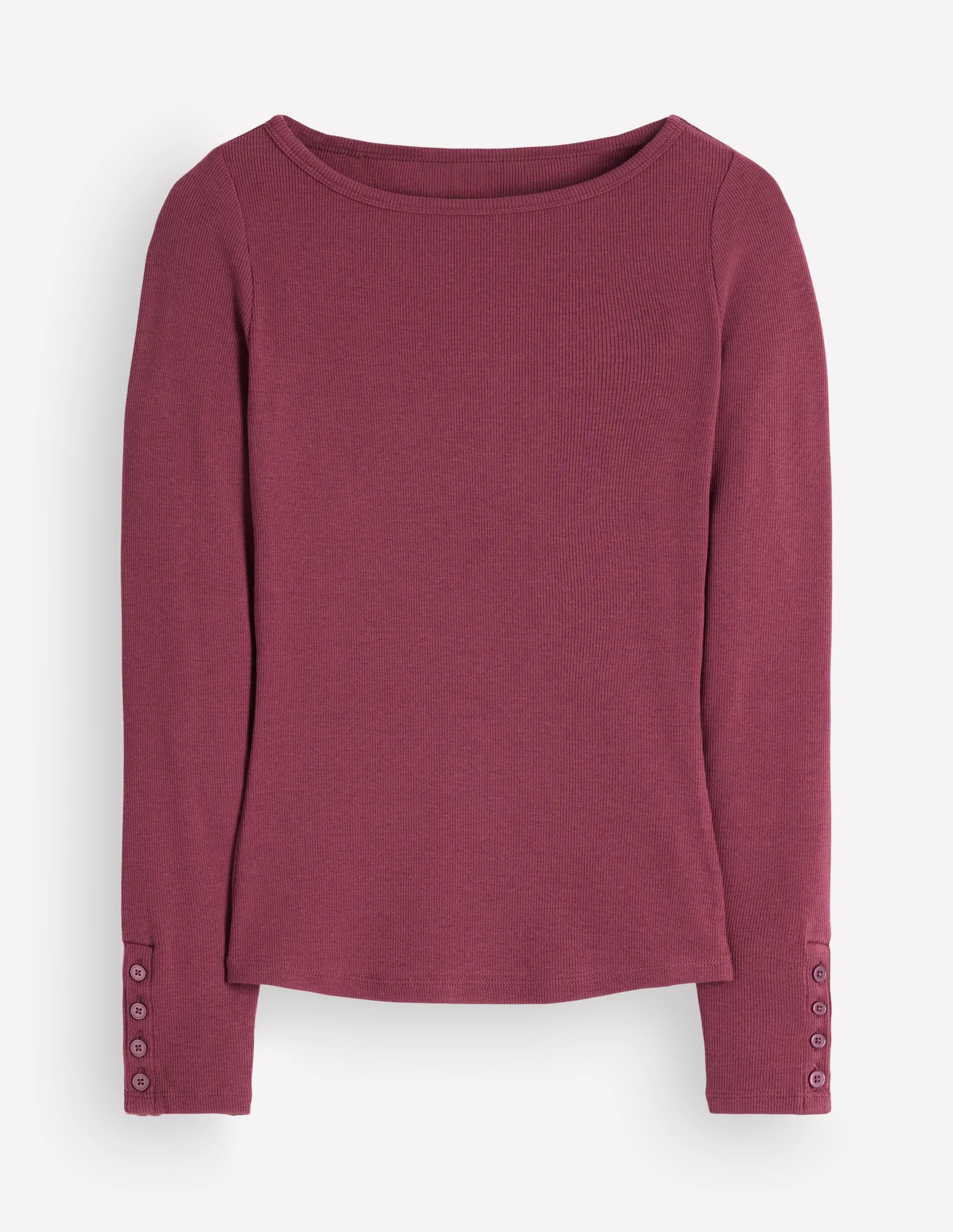Button Cuff Ribbed Boatneck-Maroon - 1