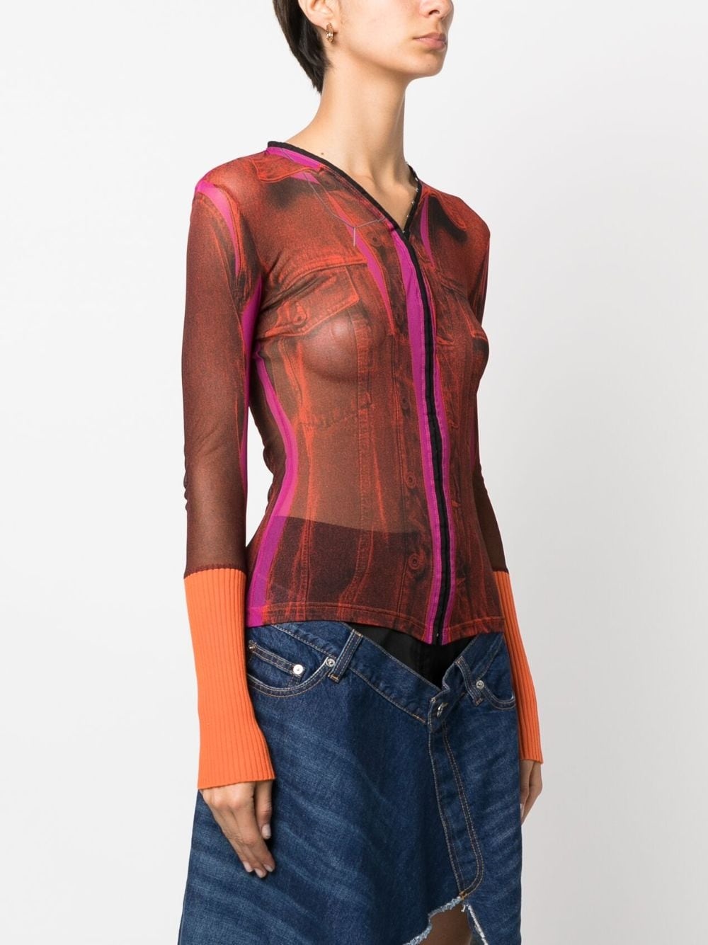 Trompe L'oeil Denim Hook and Eye Top Orange/Pink