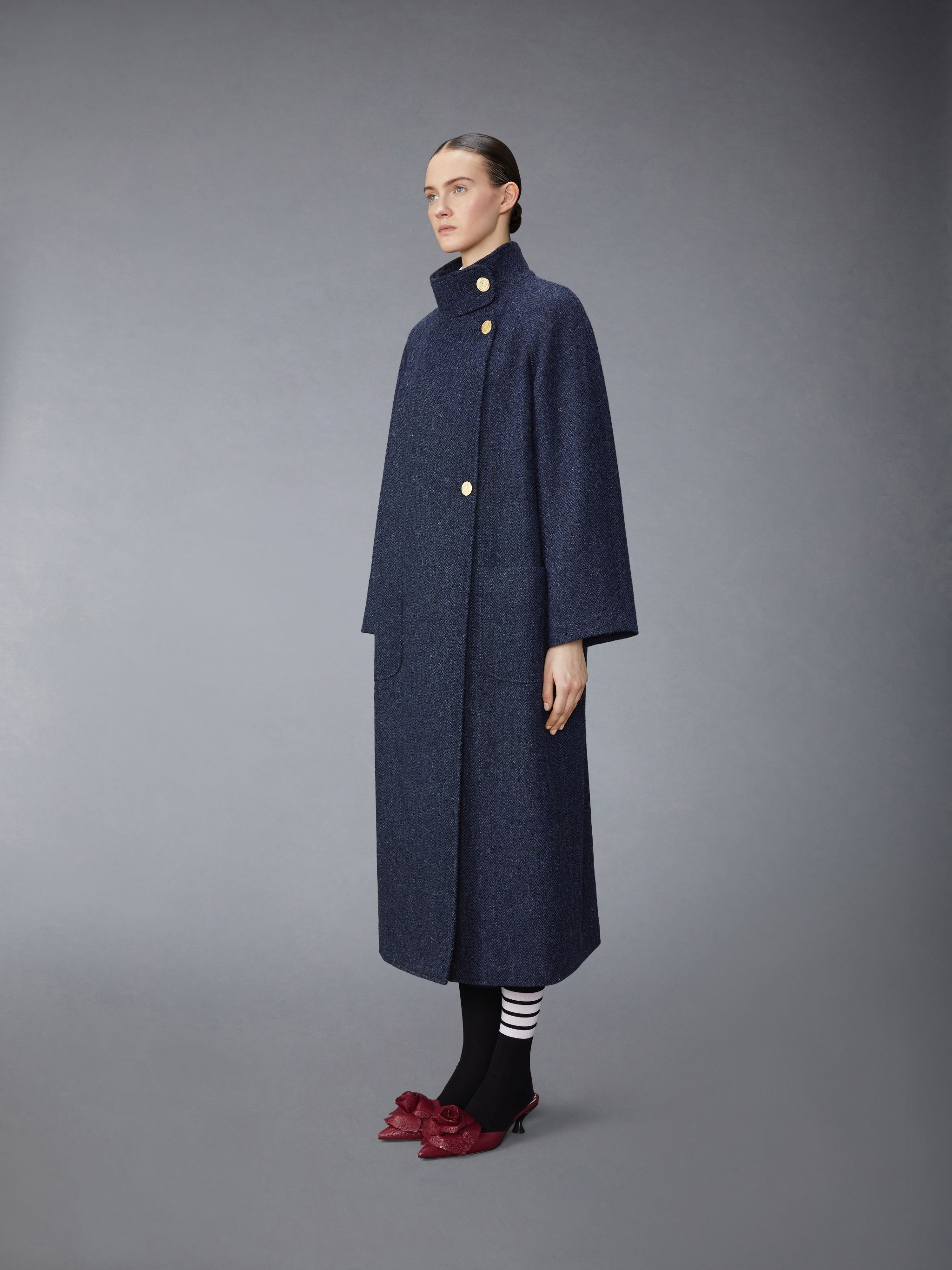 Herringbone Harris Tweed Midi Raglan Funnel Neck Coat - 2