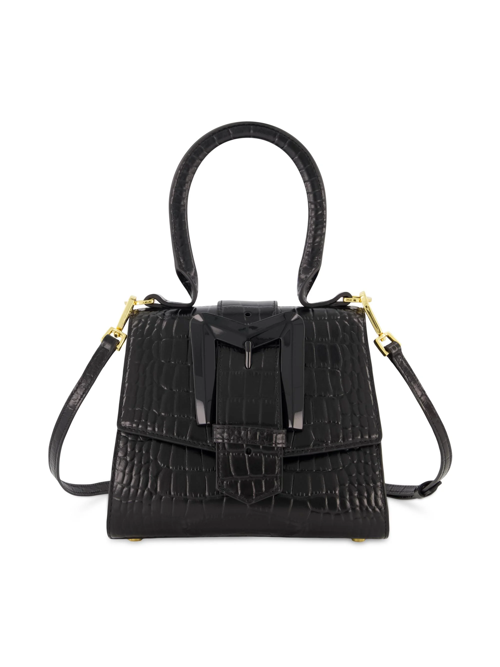 Women's Mini Crocodile-Embossed Leather Top Handle Bag - Black - 1