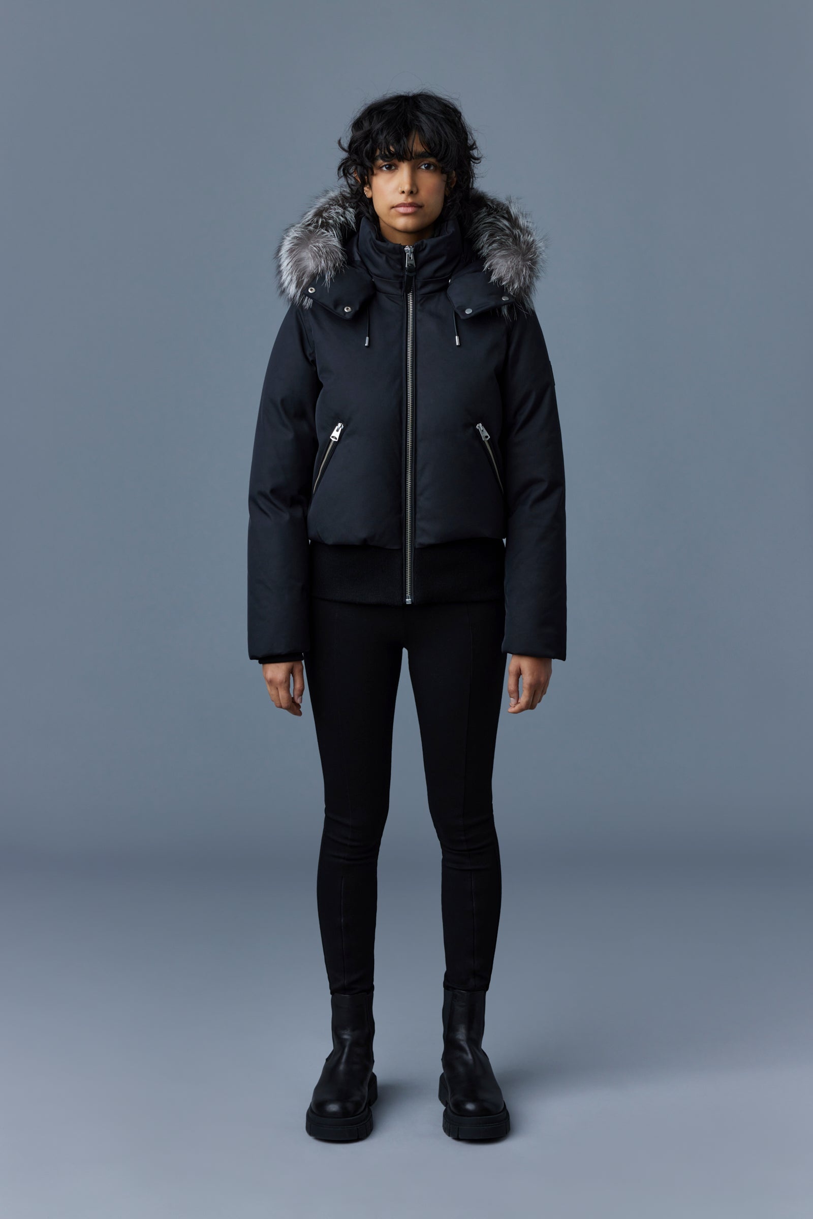 CORY Twill down bomber with removable hood and silver fox fur - 2