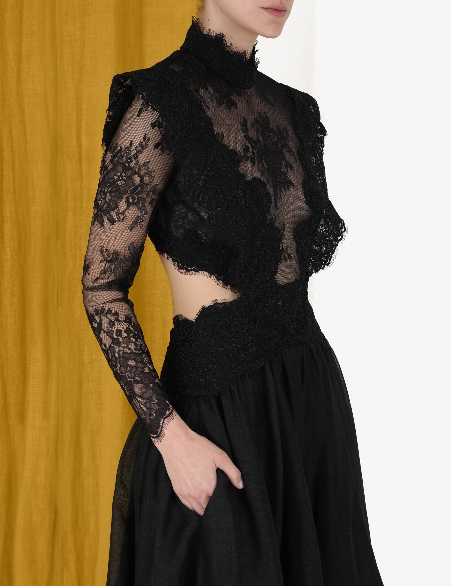 lace yoke floral flare dress Flare Sleeve Lace Patchwork Floral Print Vintage Party Midi Dress – Drewliet main image 0