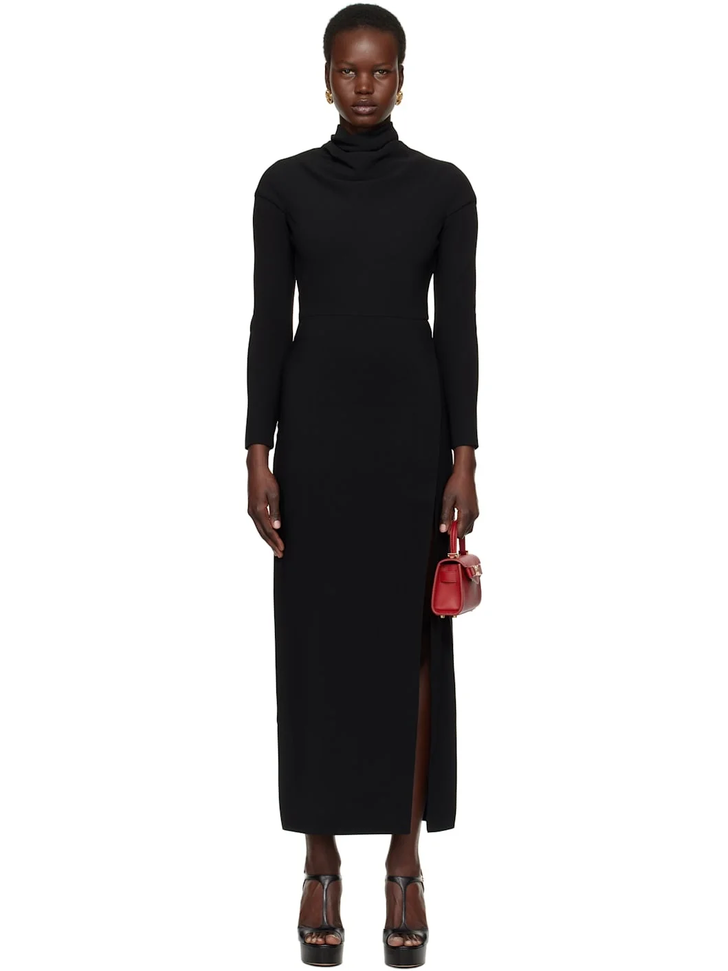 Black Cady Draped-Neck Slit Maxi Dress - 1