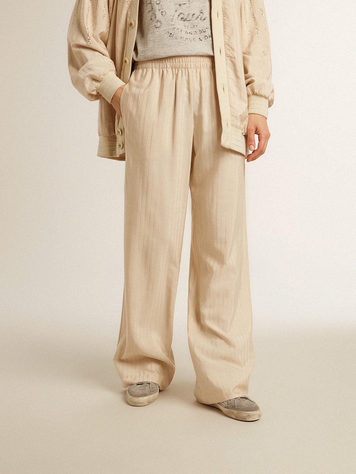 Women's light beige silk and viscose joggers - 2