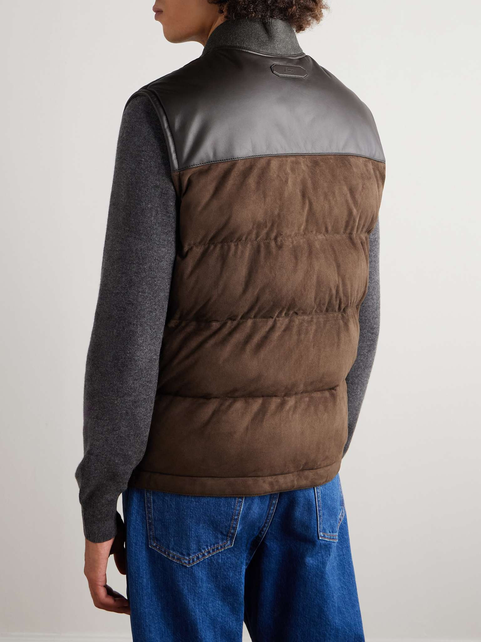 Leather-Trimmed Padded Quilted Suede Gilet - 4