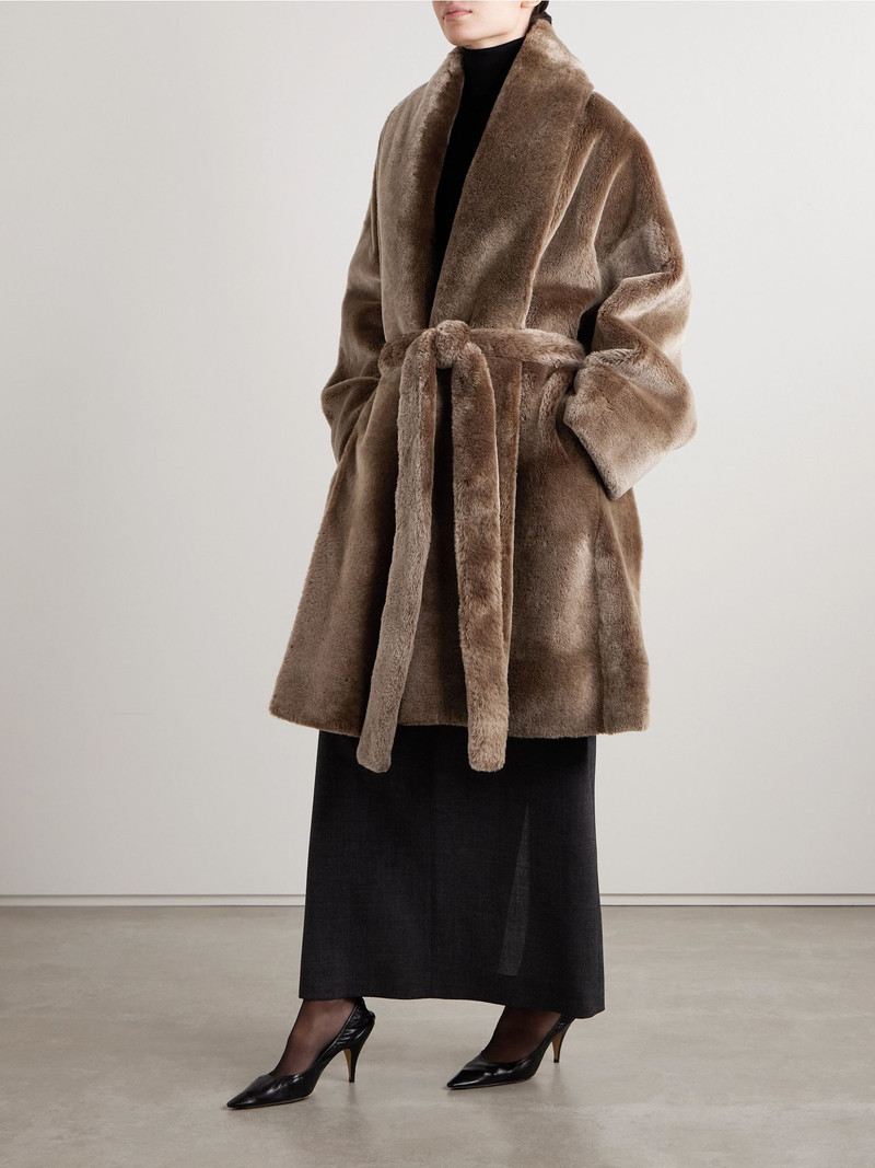 The Row Lucja oversized belted shearling coat Brown outlook