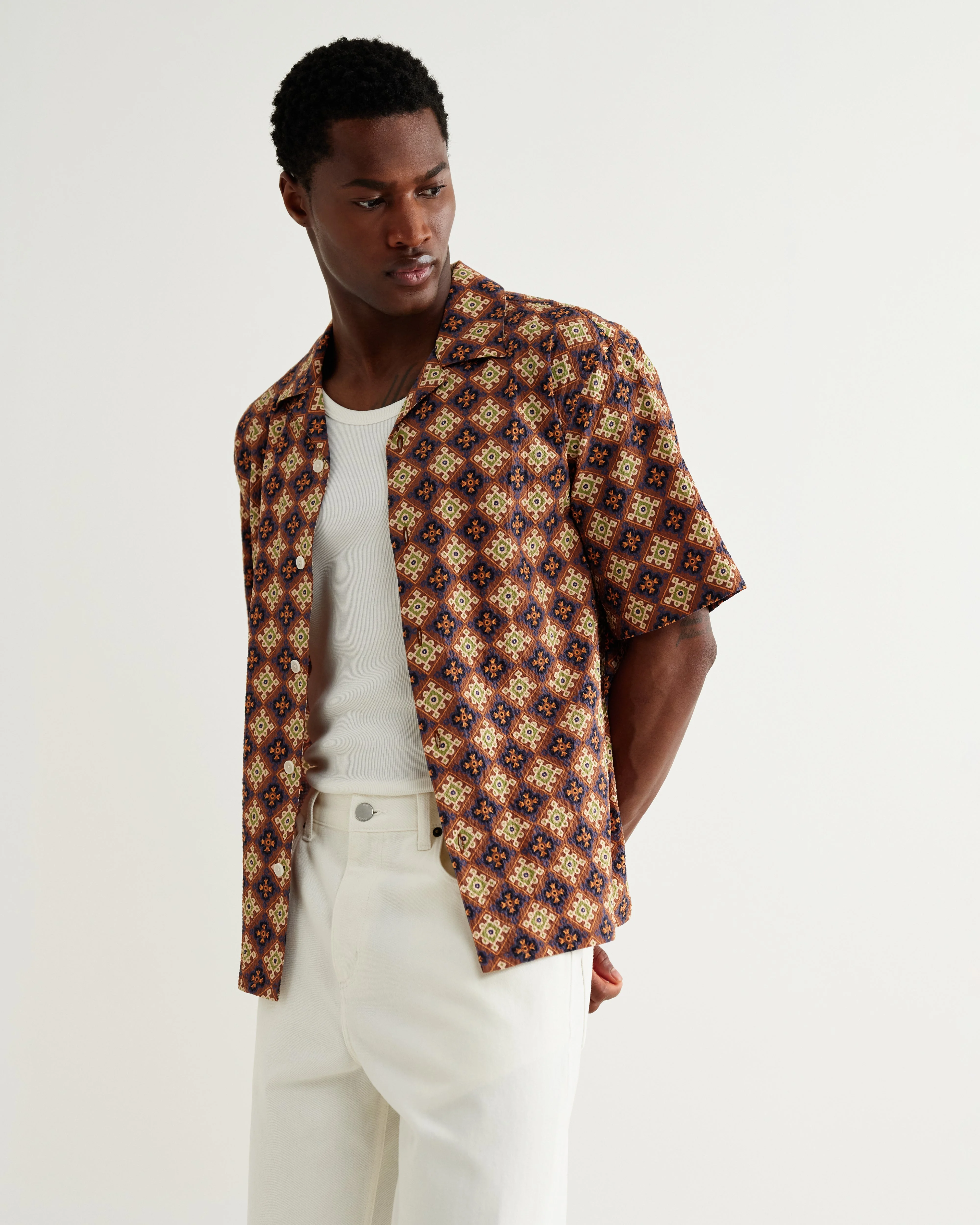 Didcot - Rust Tile Print Seersucker Short-Sleeve Shirt - 1