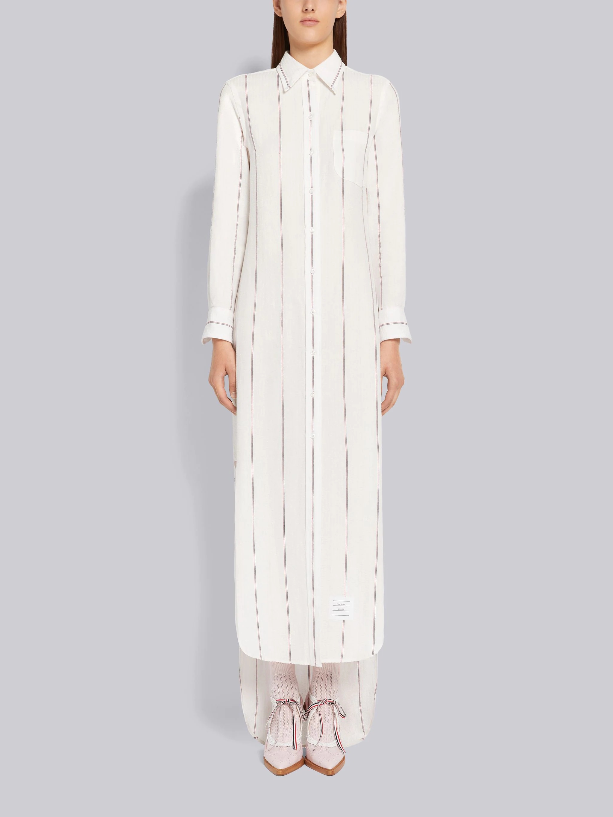 Light Pink Pinstripe Seersucker Linen Point Collar Ankle Length Shirtdress - 1